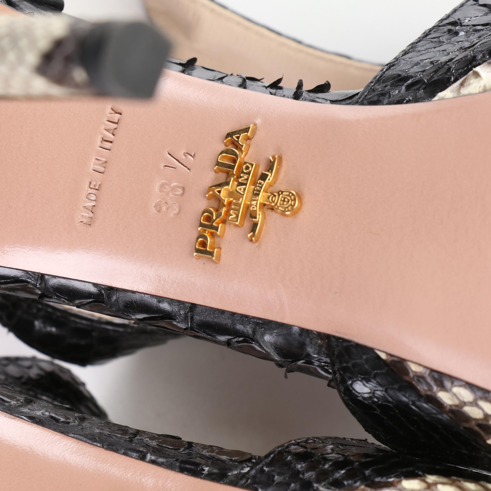 Prada 120mm Platform Peep-Toe Heels in Black and Natural Python Skin