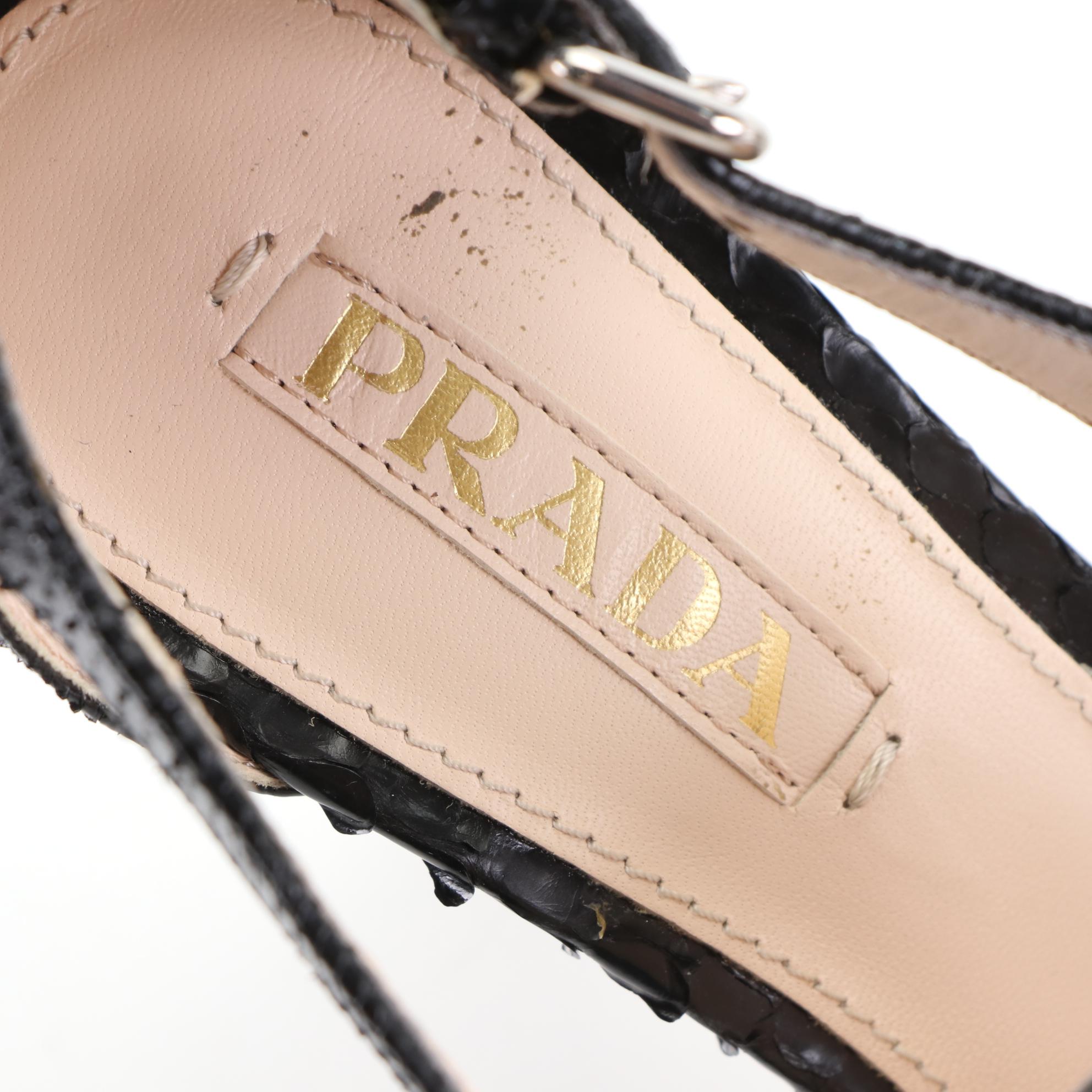 Prada 120mm Platform Peep-Toe Heels in Black and Natural Python Skin