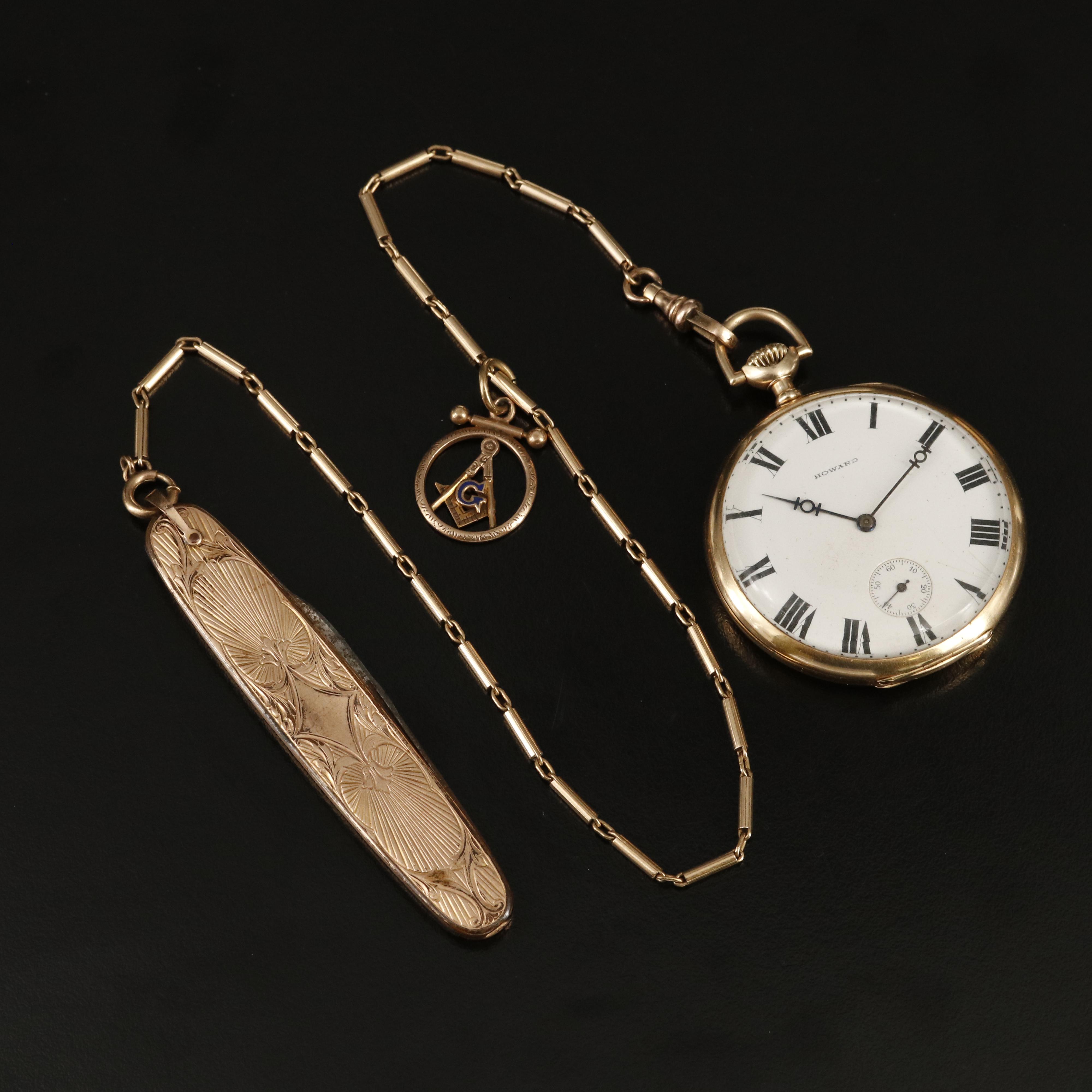 14K E. Howard Pocket Watch with Pocket Knife, 10K Fob Chain and Masonic Charm