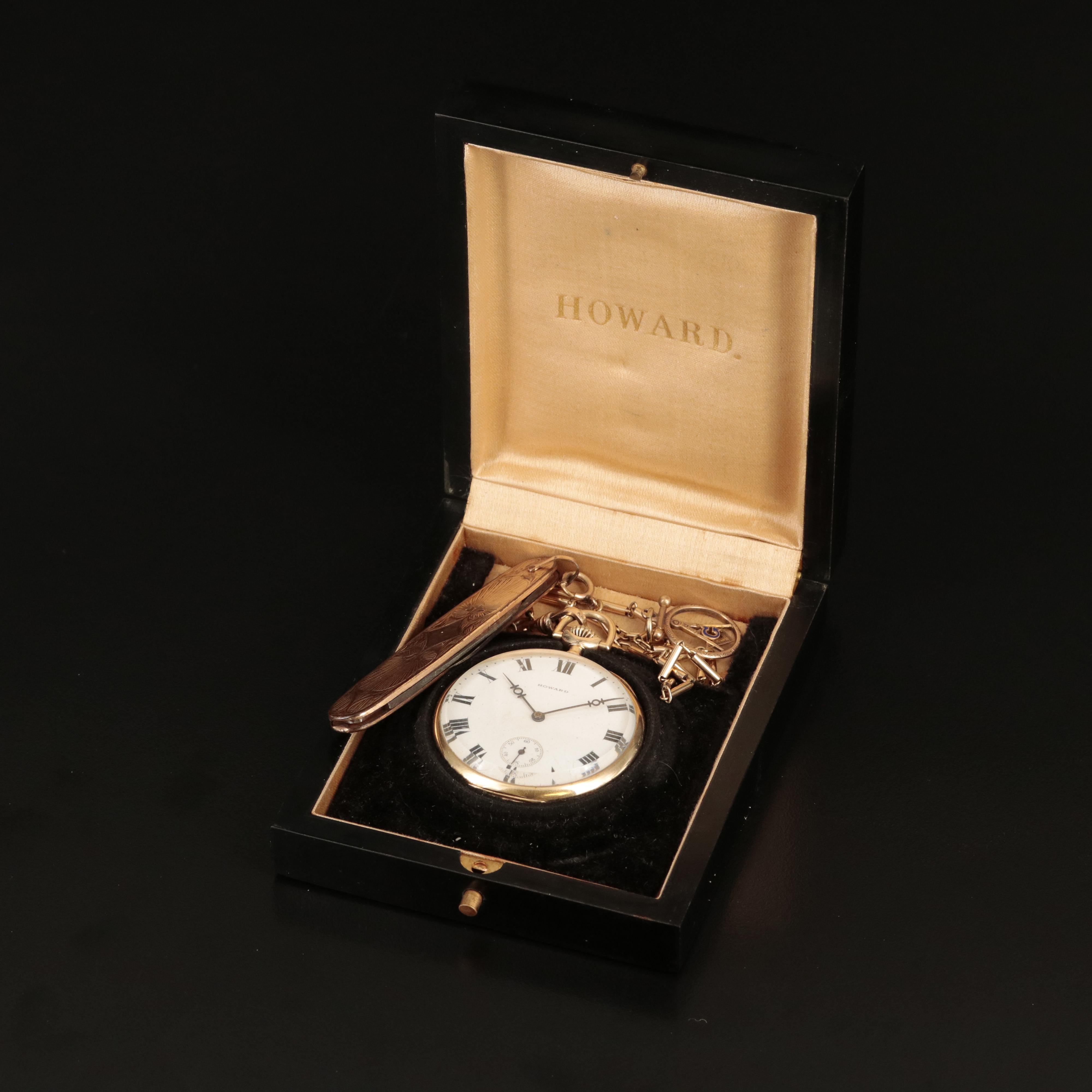 14K E. Howard Pocket Watch with Pocket Knife, 10K Fob Chain and Masonic Charm