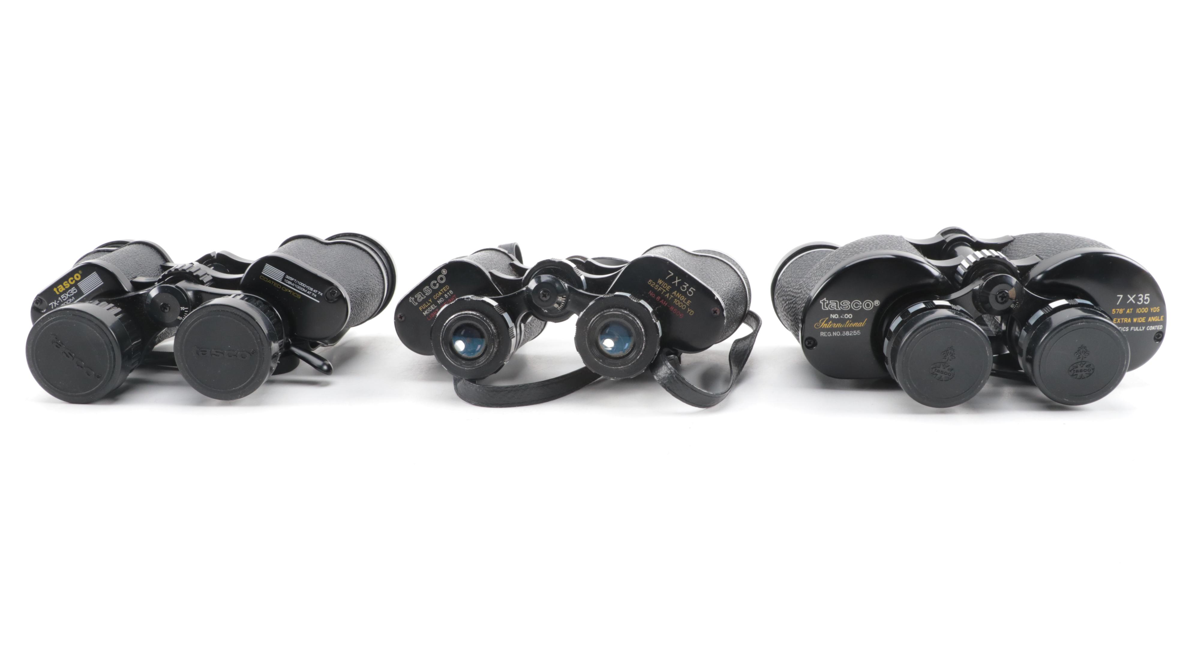 Three Tasco Binoculars With Coated Optics and Cases, Contemporary