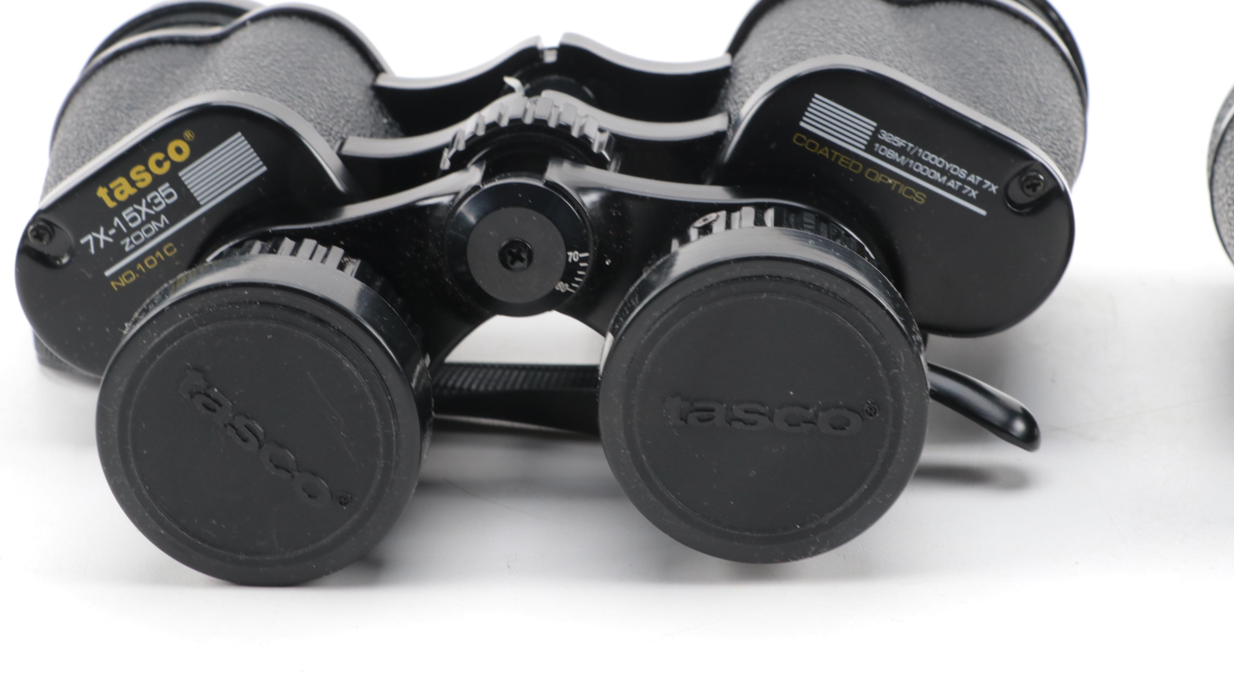 Three Tasco Binoculars With Coated Optics and Cases, Contemporary