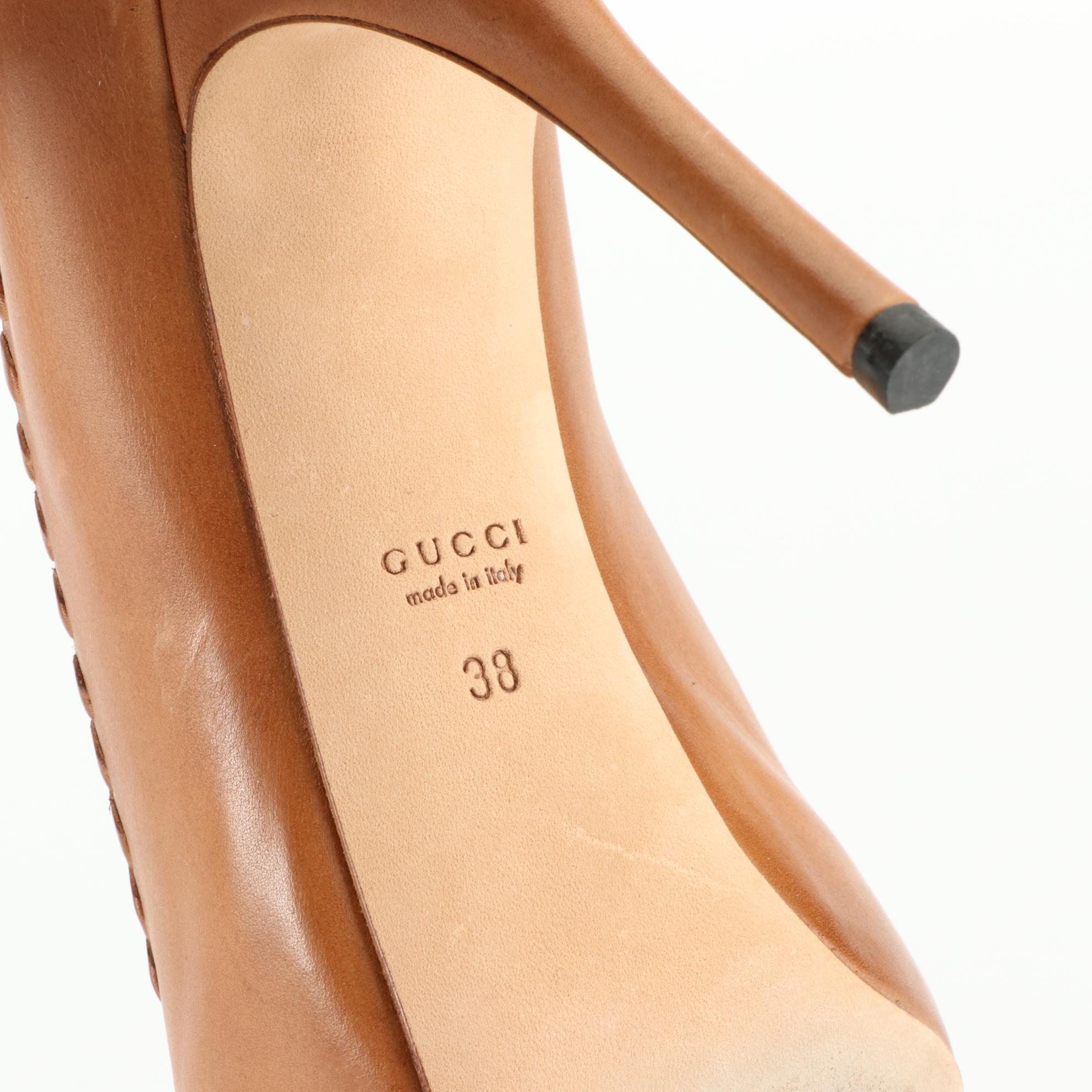 Gucci Sofia Peep-Toe Platform Pumps in Brown Leather with Whipstitch Trim