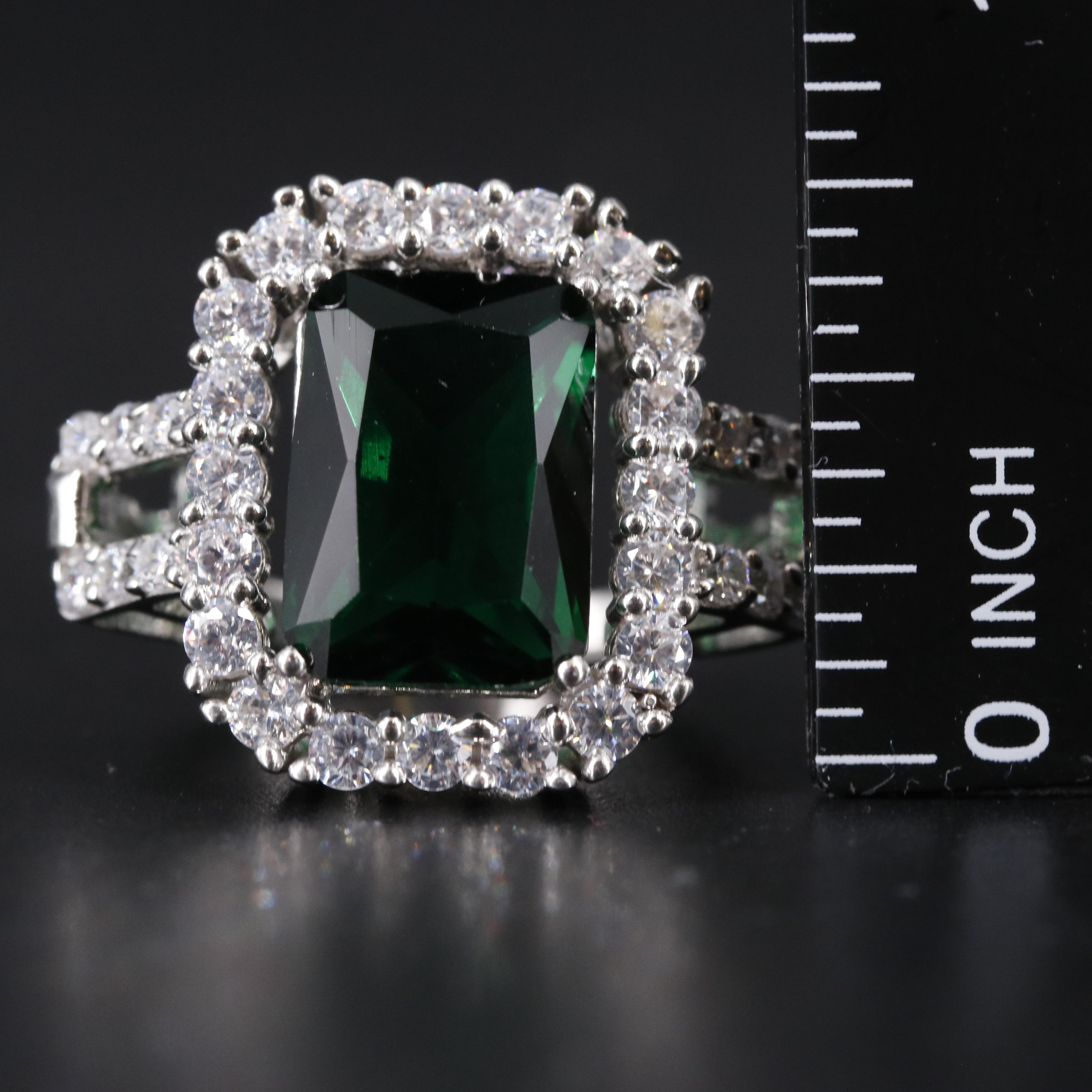 Sterling Silver Emerald and Cubic Zirconia Ring