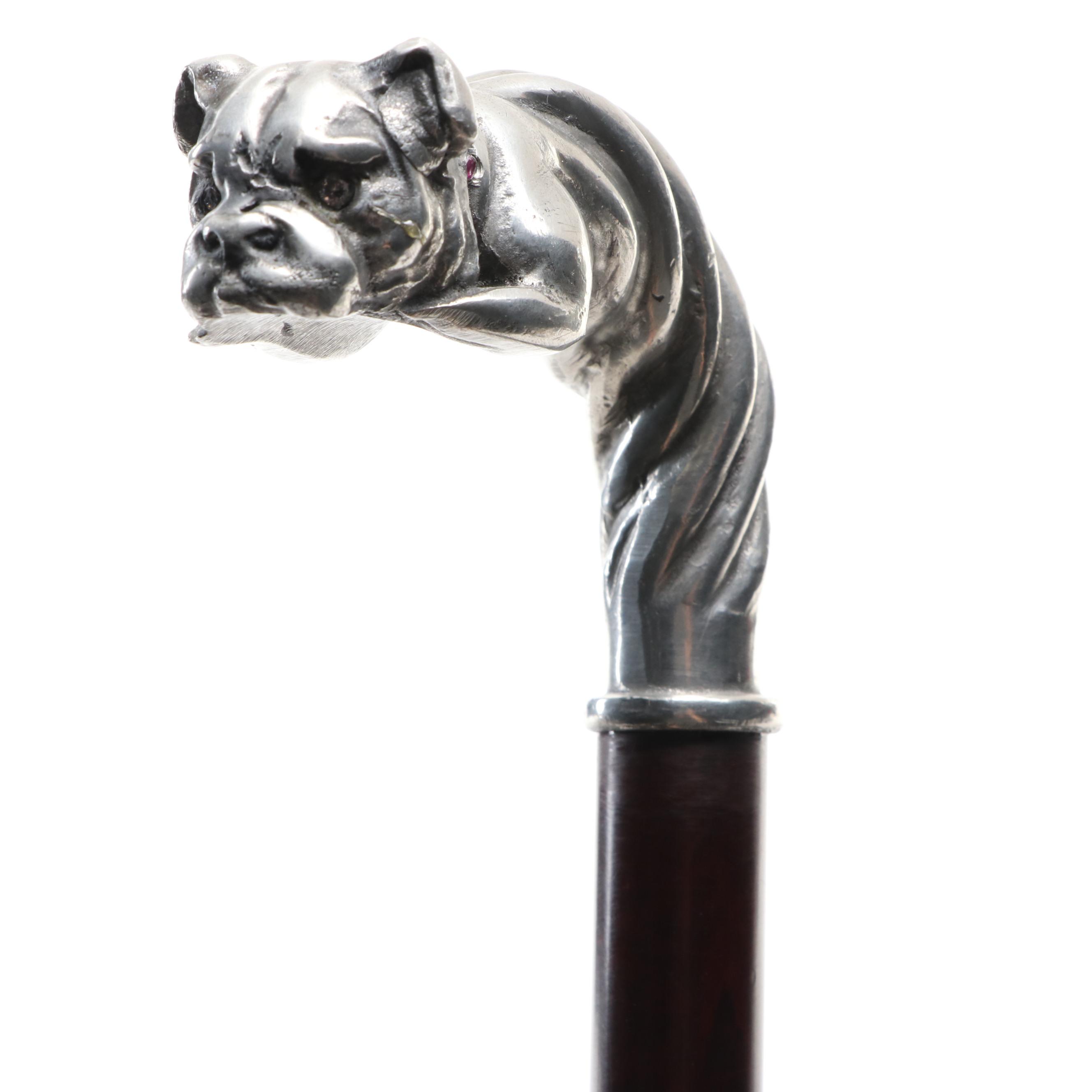Metal Embellished Bulldog Handled Wooden Walking Cane, 20th Century