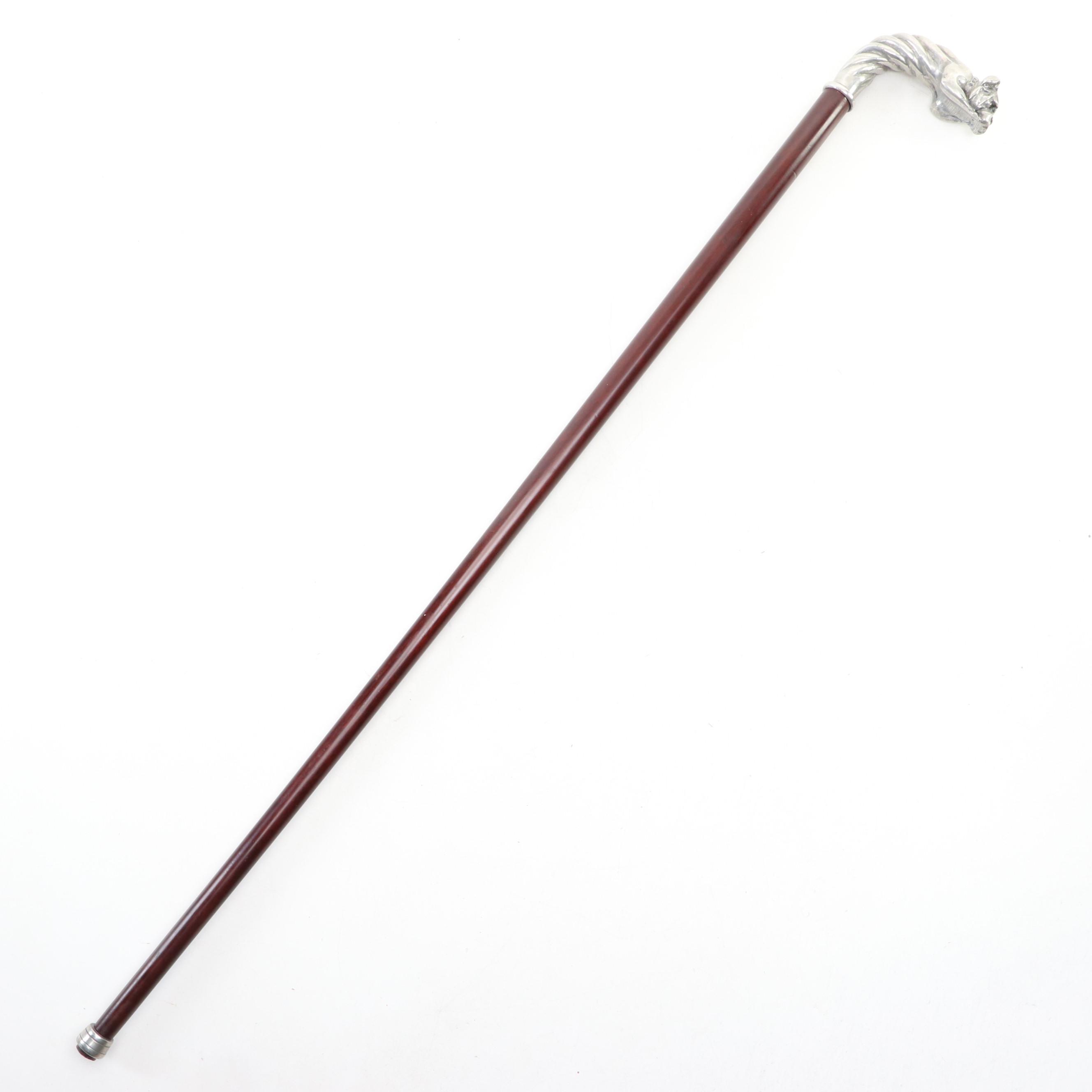 Metal Embellished Bulldog Handled Wooden Walking Cane, 20th Century