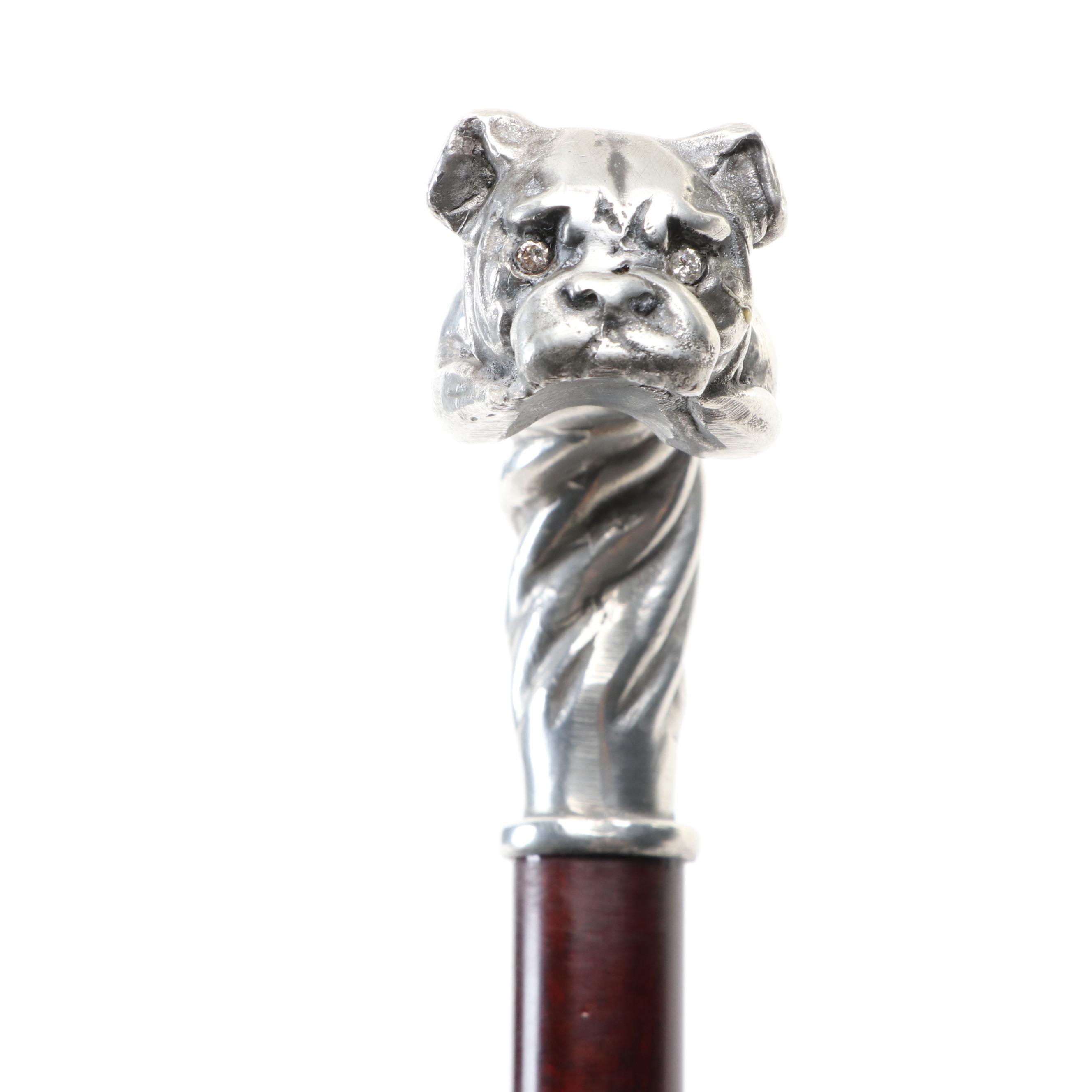 Metal Embellished Bulldog Handled Wooden Walking Cane, 20th Century