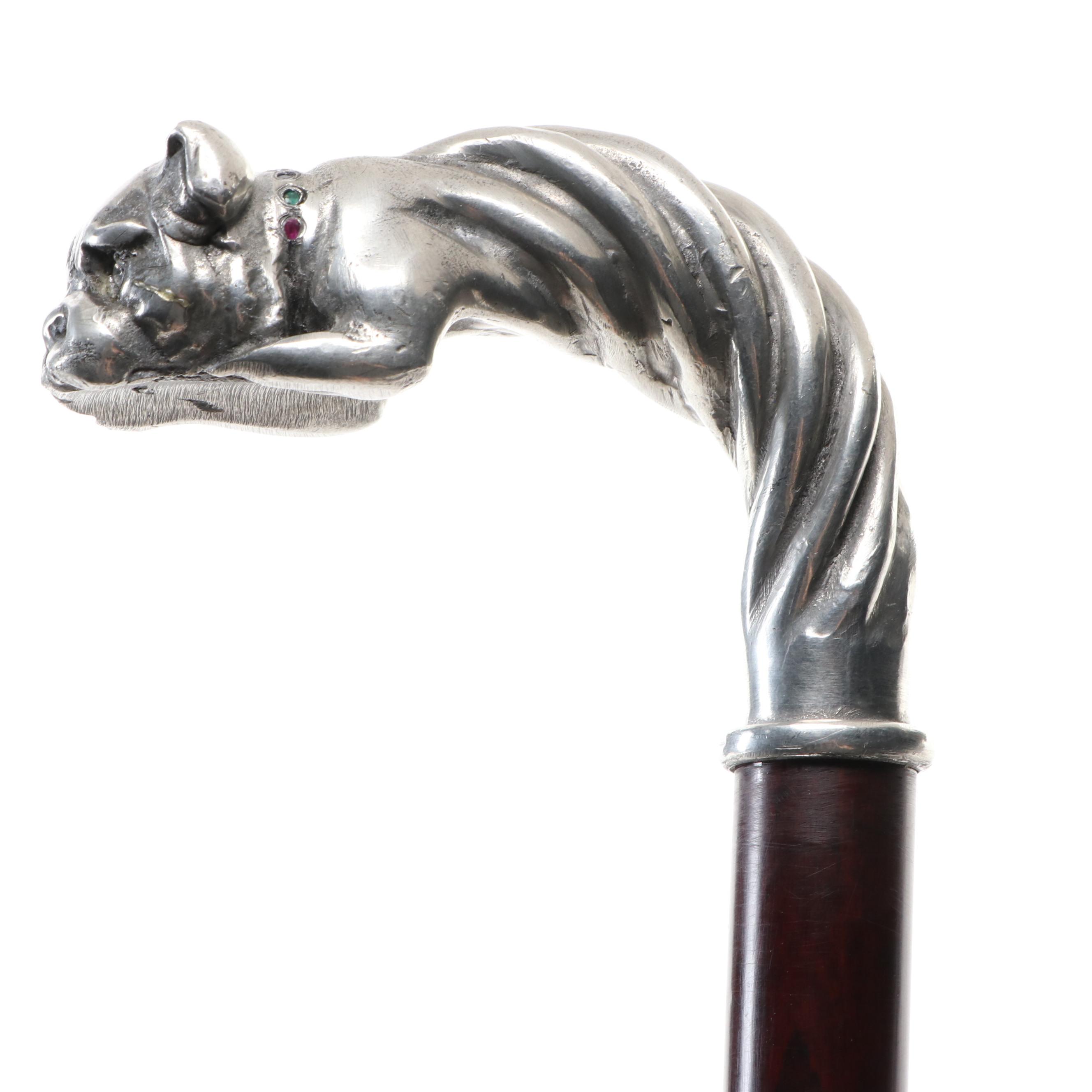 Metal Embellished Bulldog Handled Wooden Walking Cane, 20th Century