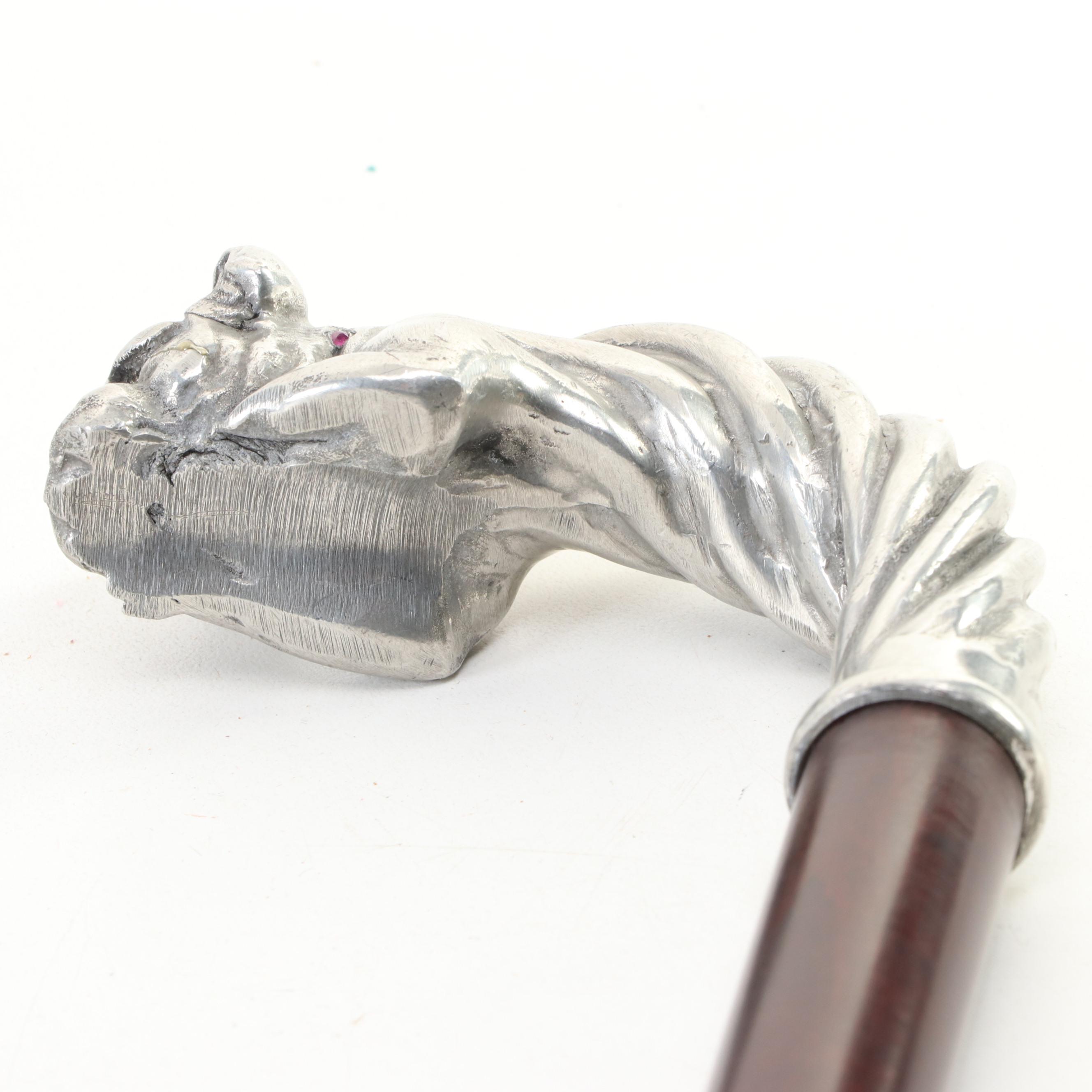 Metal Embellished Bulldog Handled Wooden Walking Cane, 20th Century