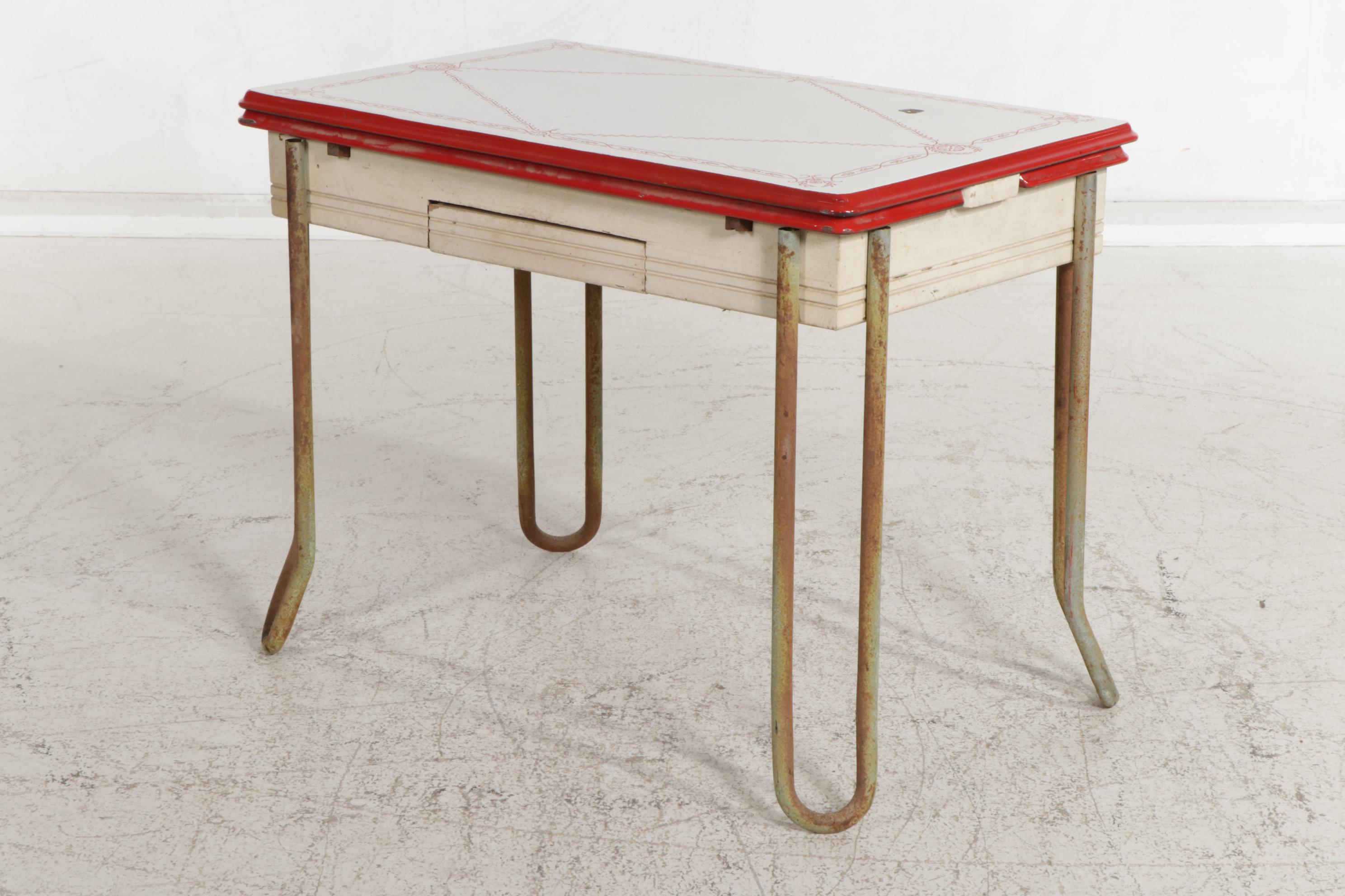 Red and White-Painted Enamel Top Dinette Table with Three Wooden Chairs