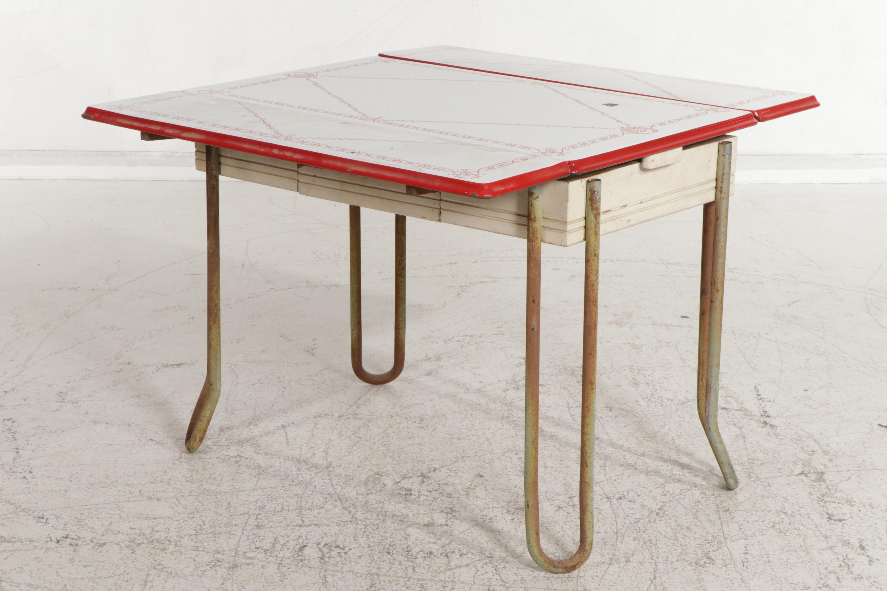 Red and White-Painted Enamel Top Dinette Table with Three Wooden Chairs