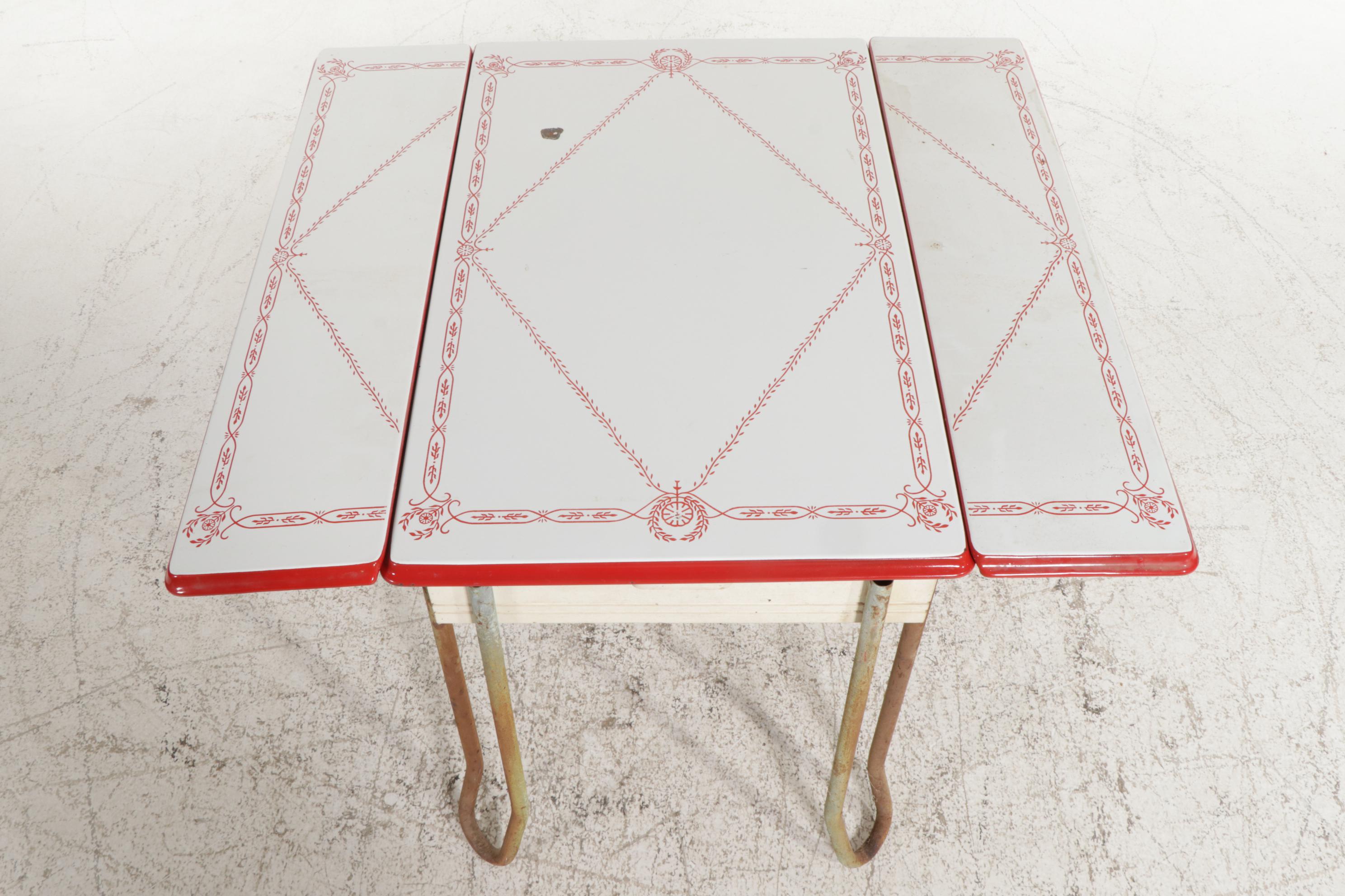 Red and White-Painted Enamel Top Dinette Table with Three Wooden Chairs