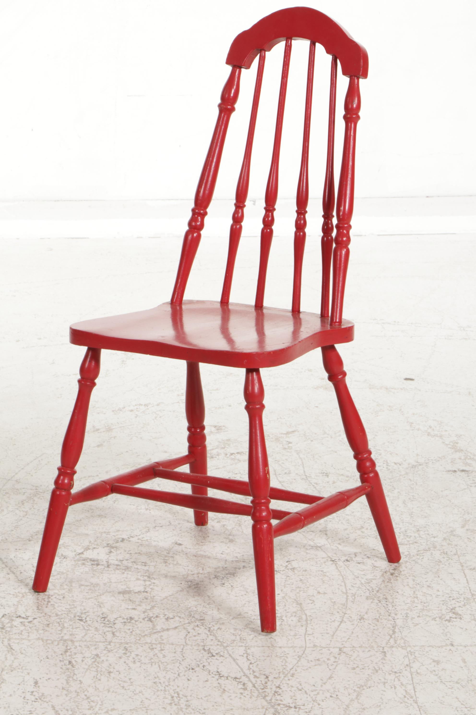 Red and White-Painted Enamel Top Dinette Table with Three Wooden Chairs