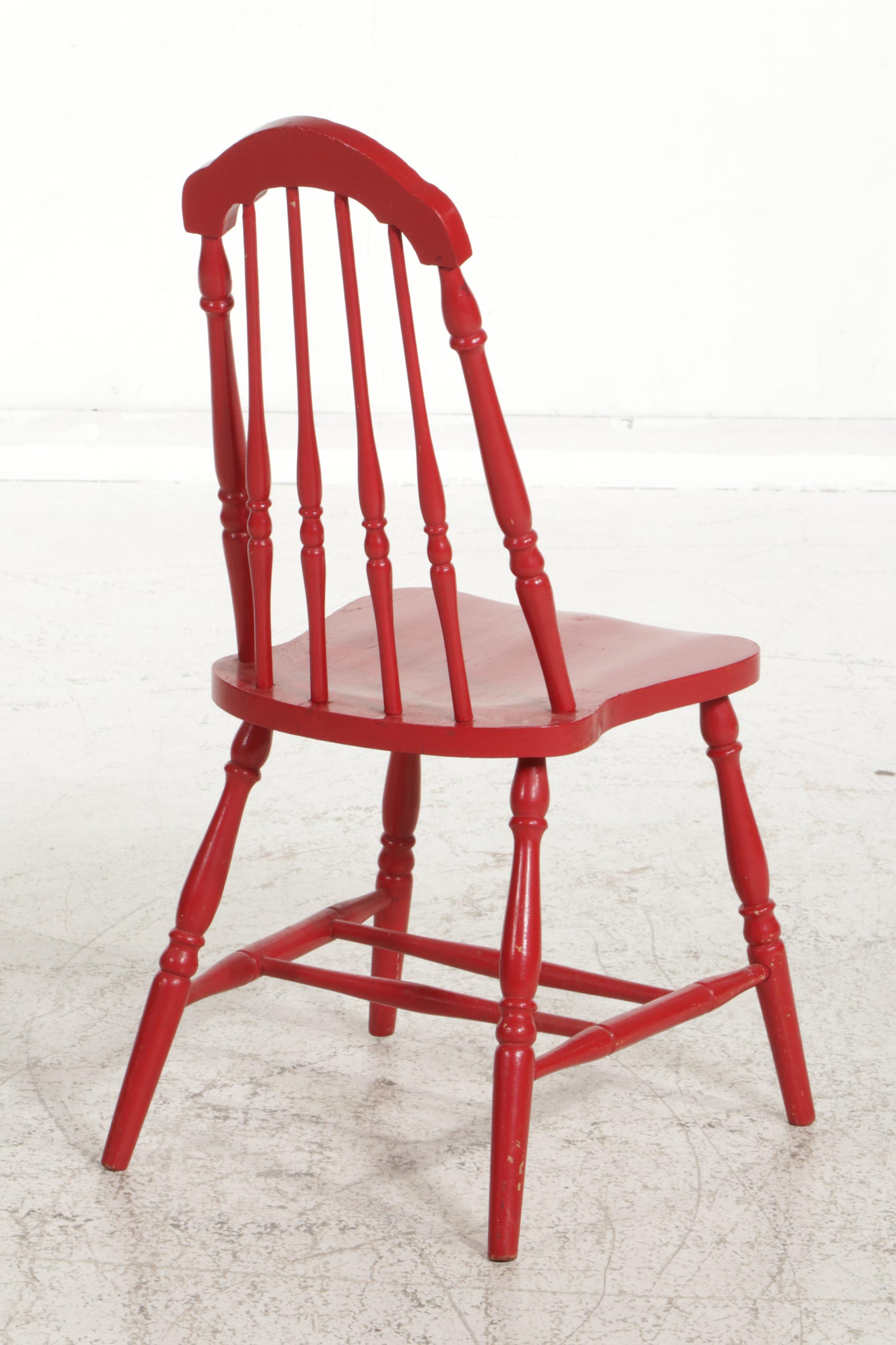 Red and White-Painted Enamel Top Dinette Table with Three Wooden Chairs