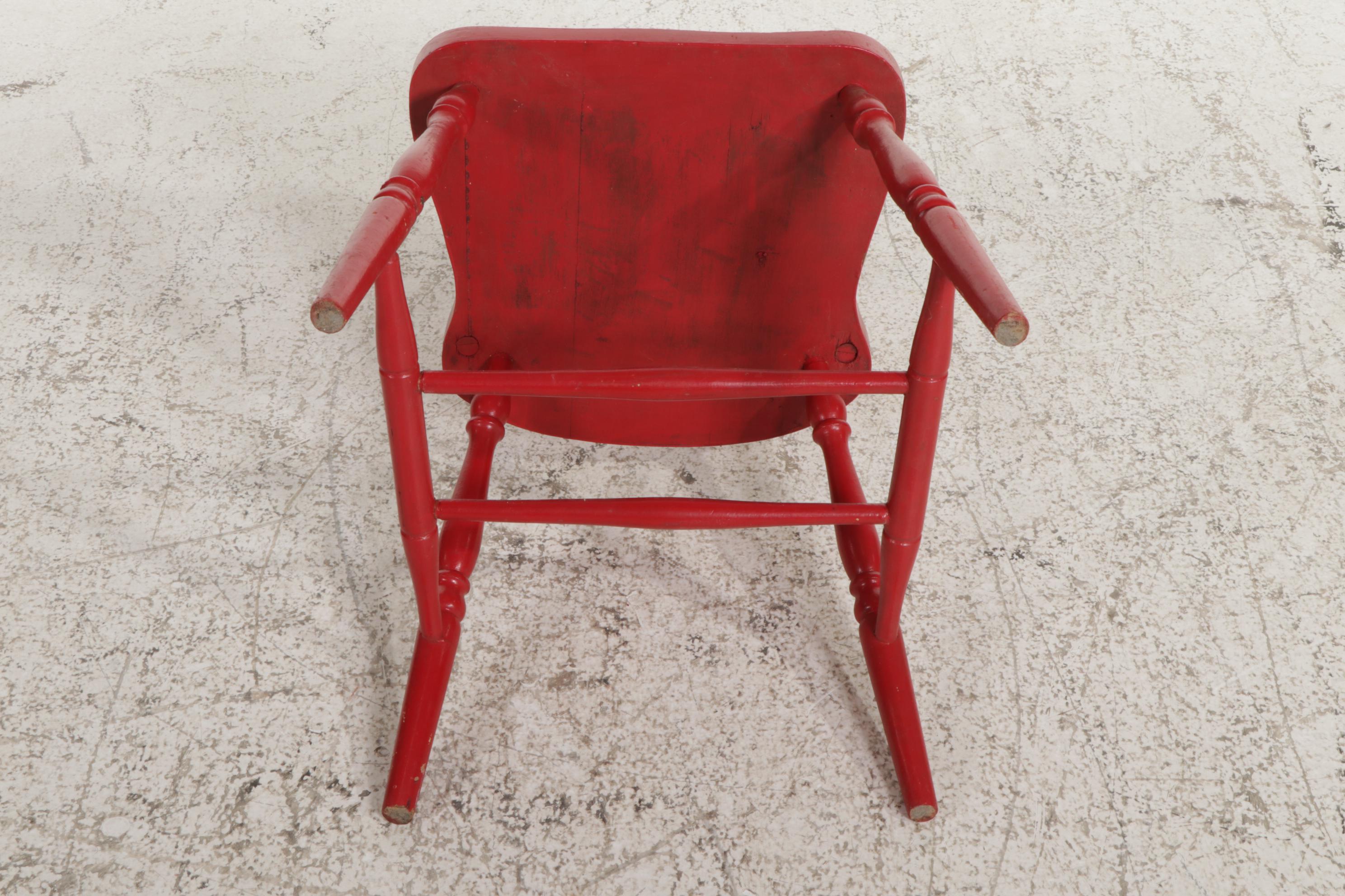 Red and White-Painted Enamel Top Dinette Table with Three Wooden Chairs