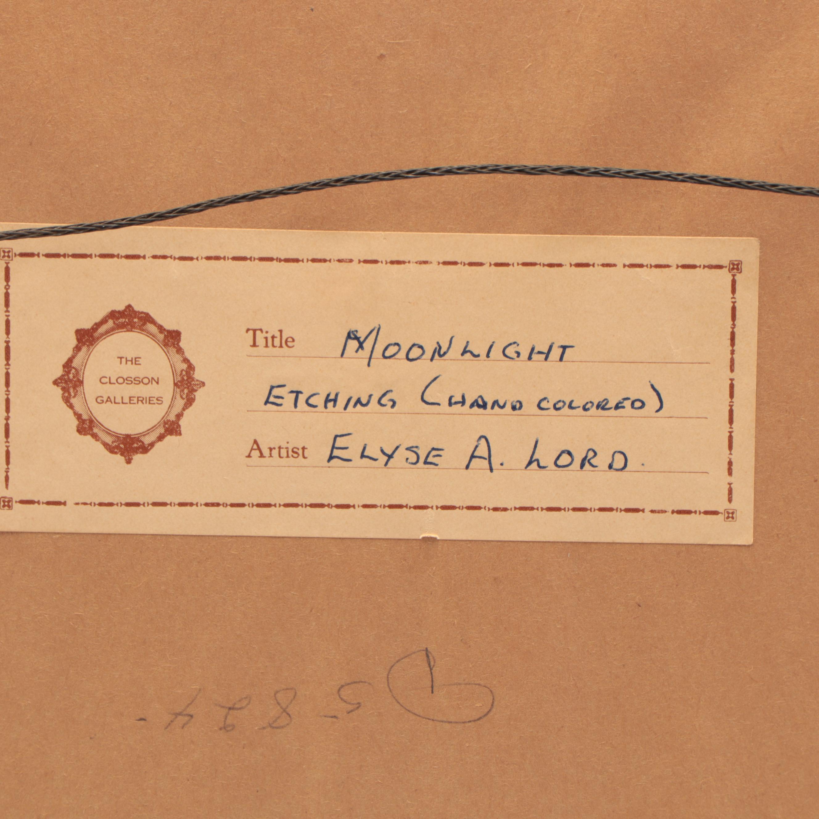 Elyse Lord Hand-Colored Etching With Drypoint "Moonlight," Circa 1920