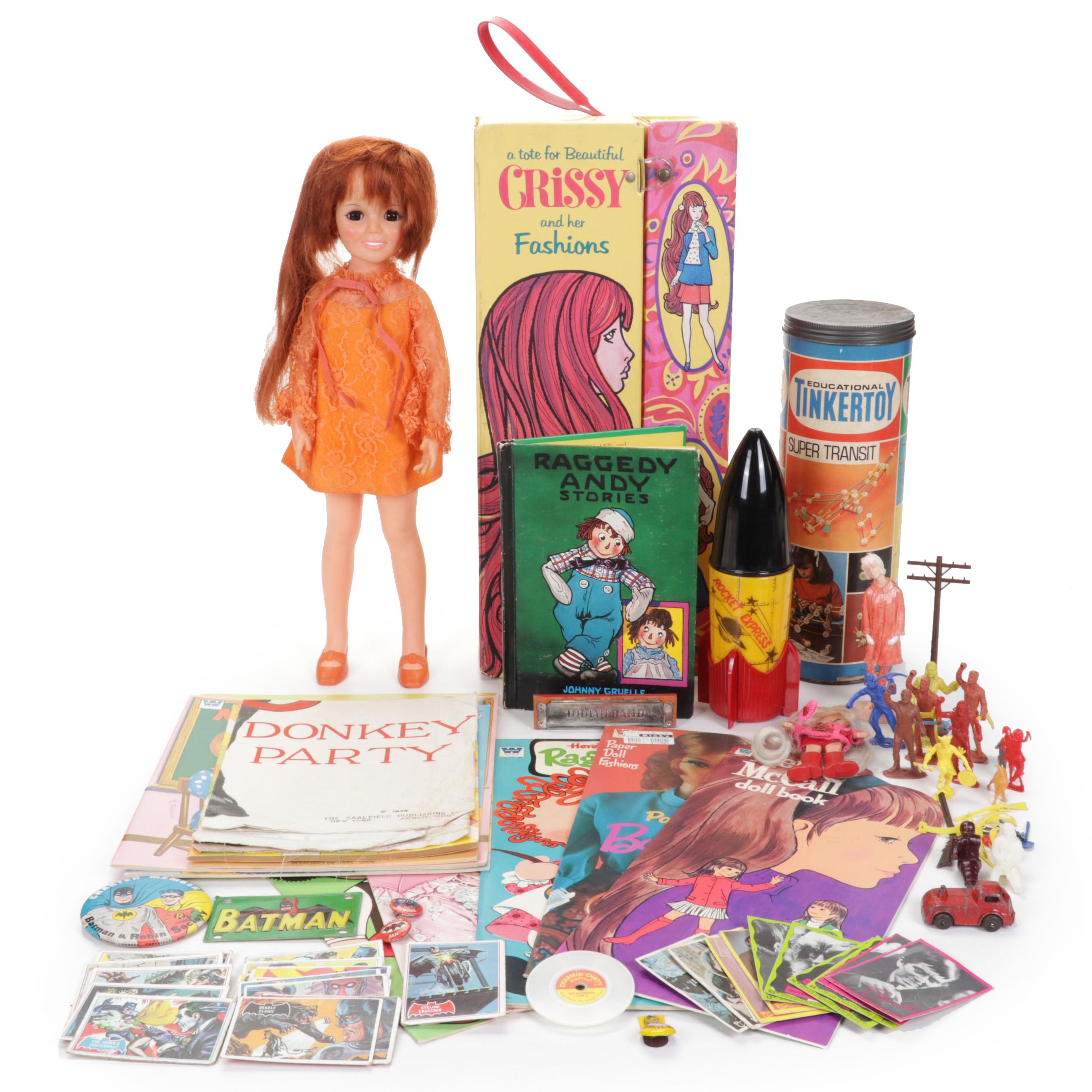 Rocket Express Rocket Ship Cup, Batman Pins and Cards, Crissy Doll, and More