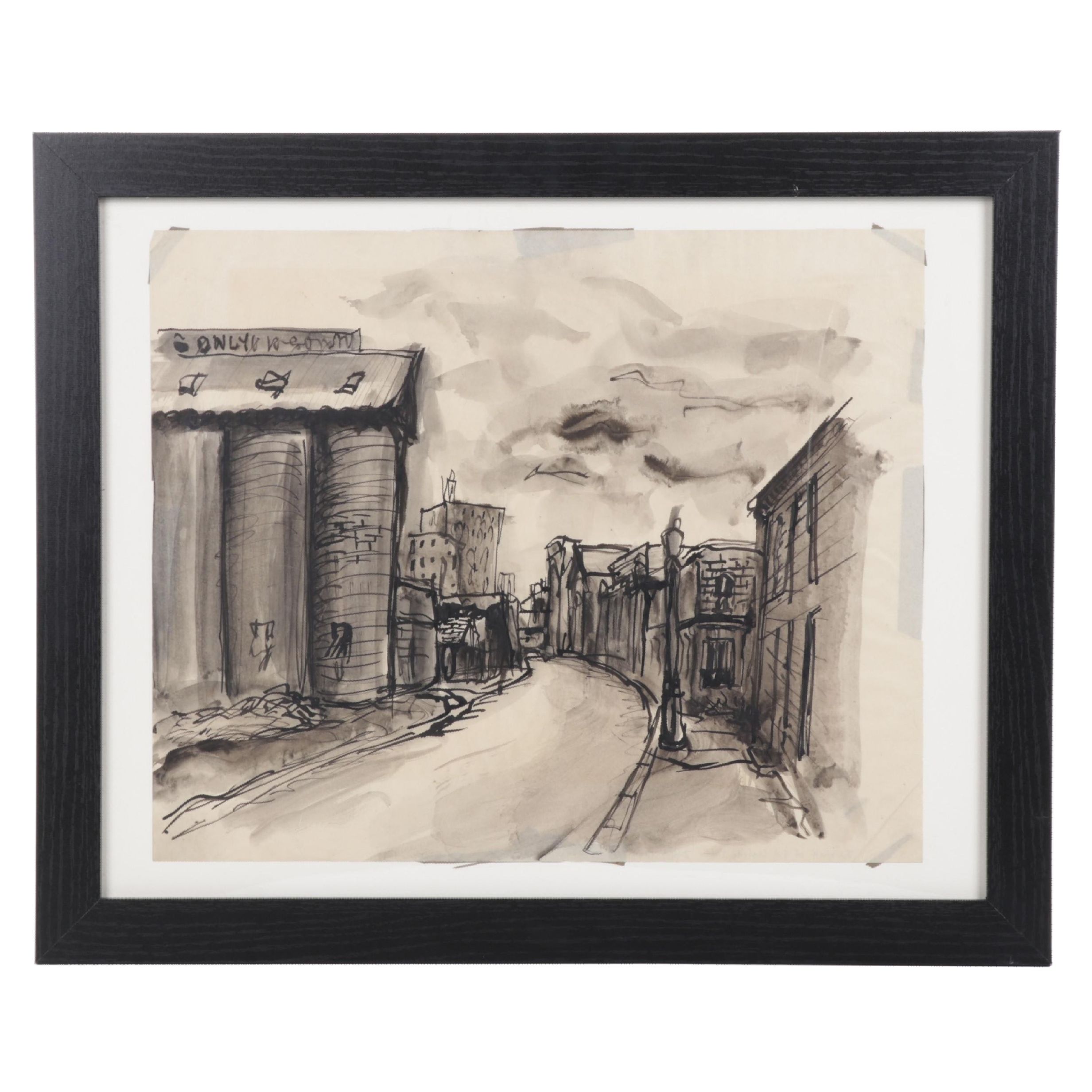 Sid Chafetz Watercolor and Ink Drawing ""Only" Landscape," Circa 1947