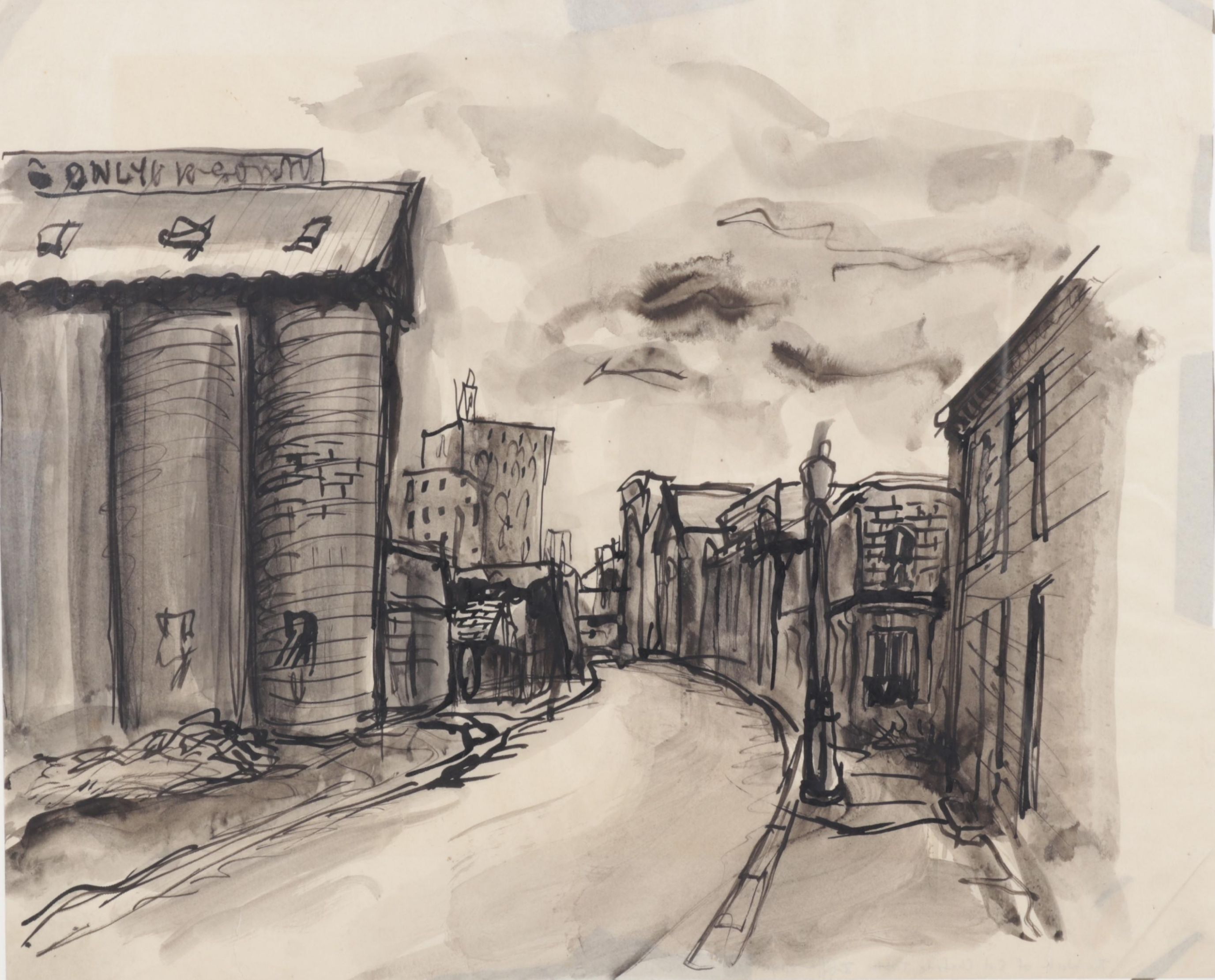 Sid Chafetz Watercolor and Ink Drawing ""Only" Landscape," Circa 1947