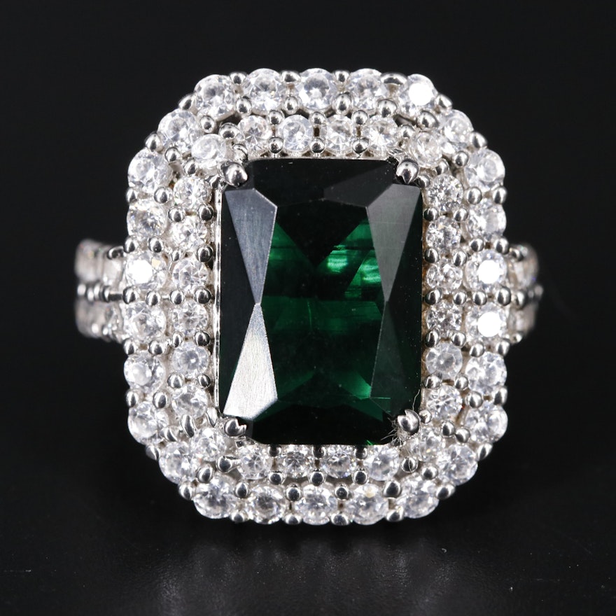 Sterling Silver Emerald and Cubic Zirconia Ring