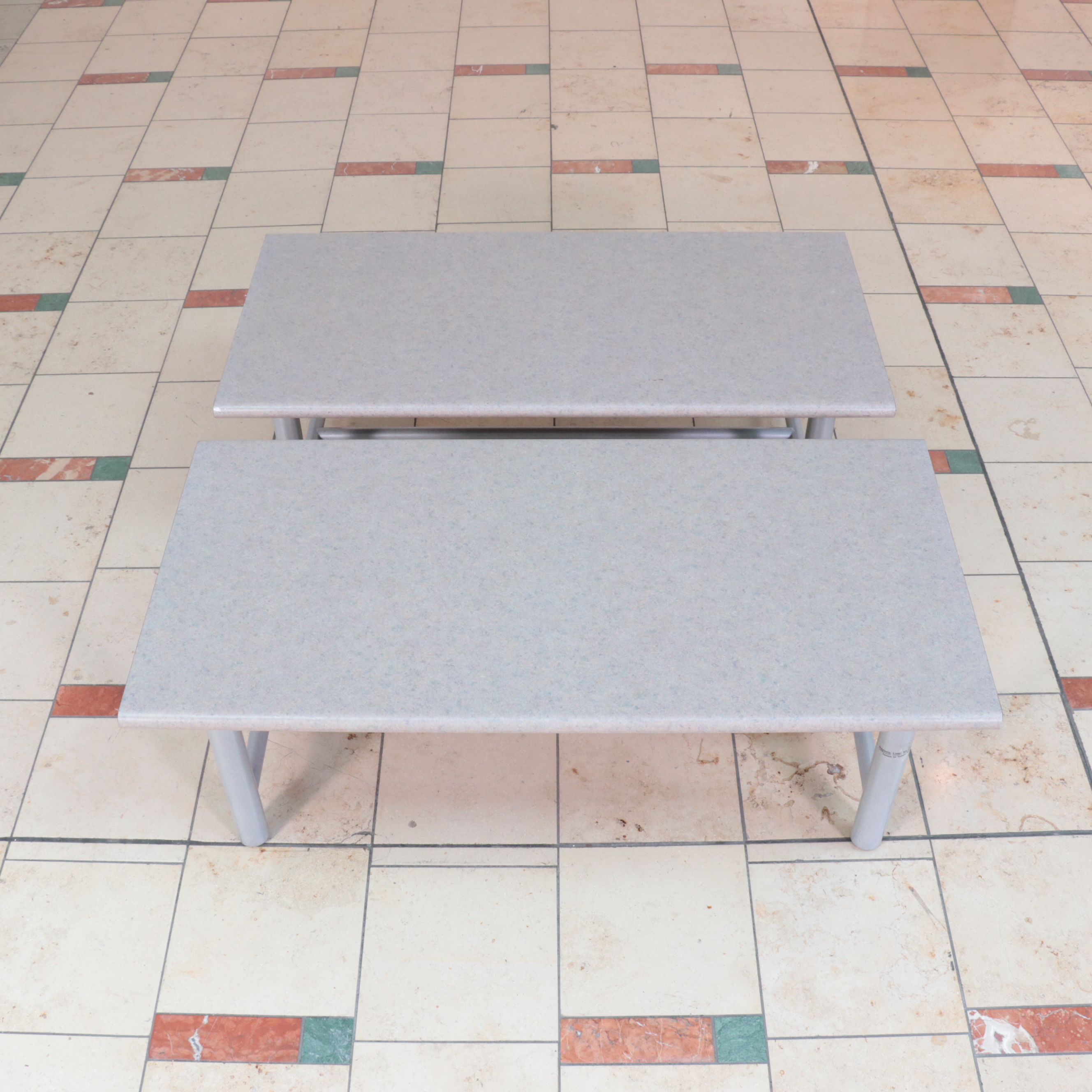 Pair of Laminate Top Metal Display Tables