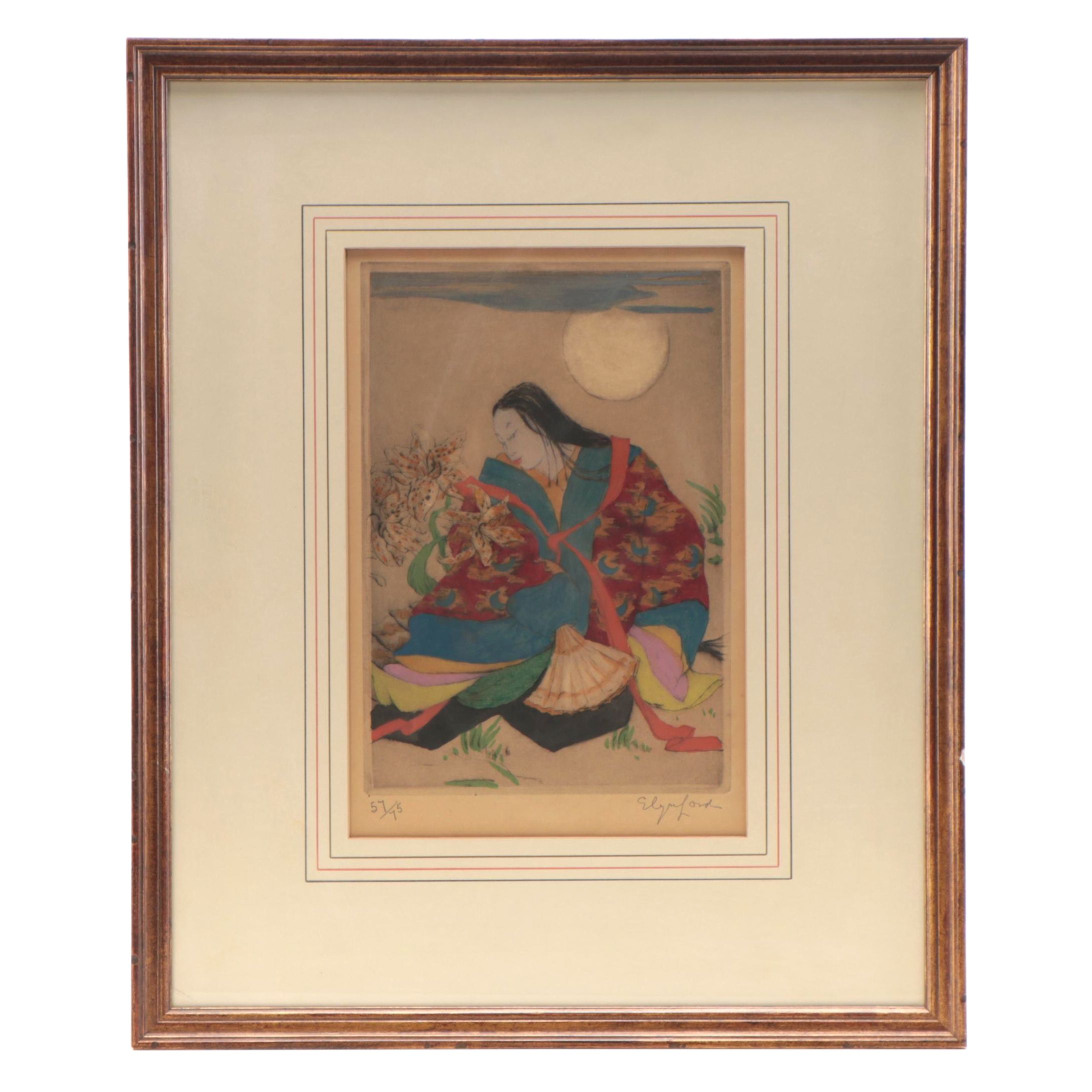 Elyse Lord Hand-Colored Etching With Drypoint "Moonlight," Circa 1920