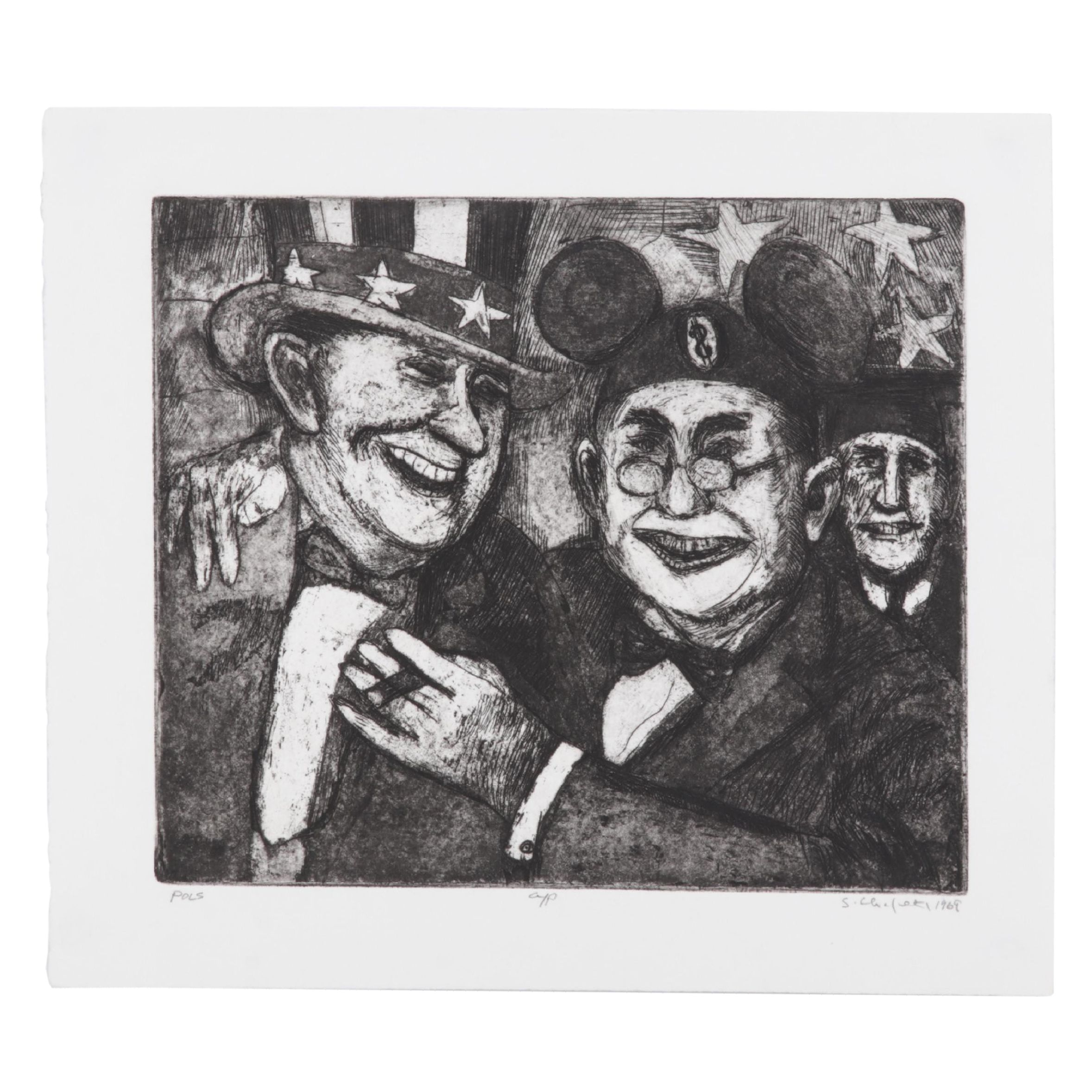 Sidney Chafetz Satirical Etching With Aquatint "Pols," 1969