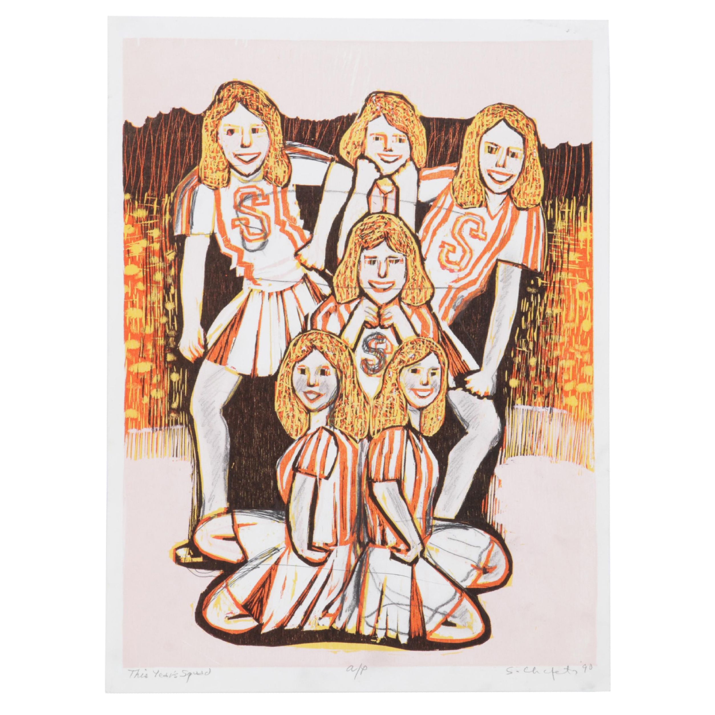 Sidney Chafetz Embellished Woodcut "This Year's Squad," 1990