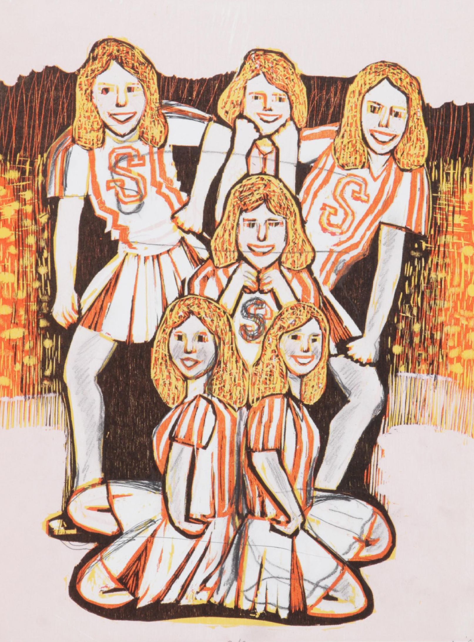 Sidney Chafetz Embellished Woodcut "This Year's Squad," 1990