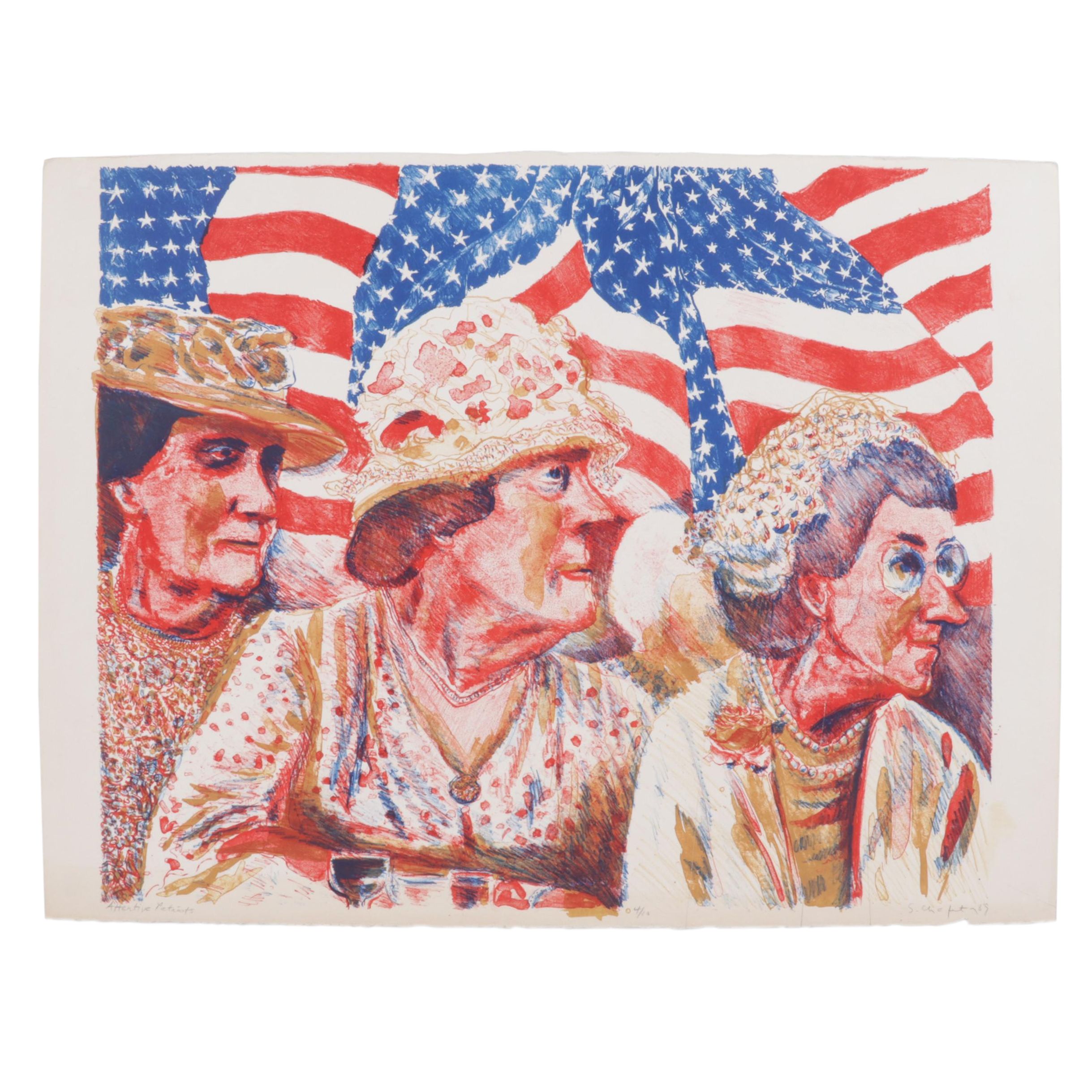 Sidney Chafetz Color Lithograph "Attentive Patriots," 1989