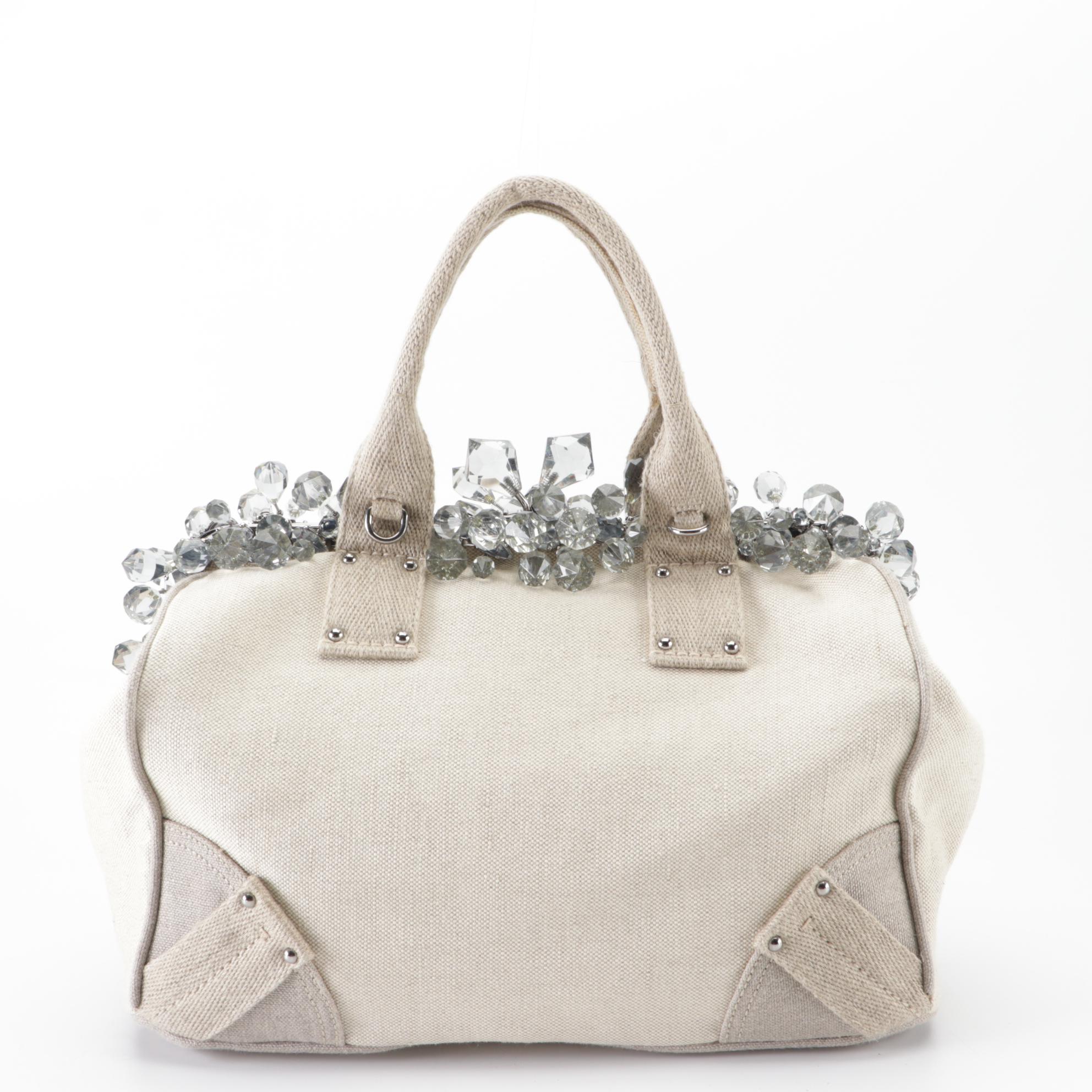 Prada Medium Mistolino Hard Frame Tote Bag in Crystal-Embellished Linen Canvas