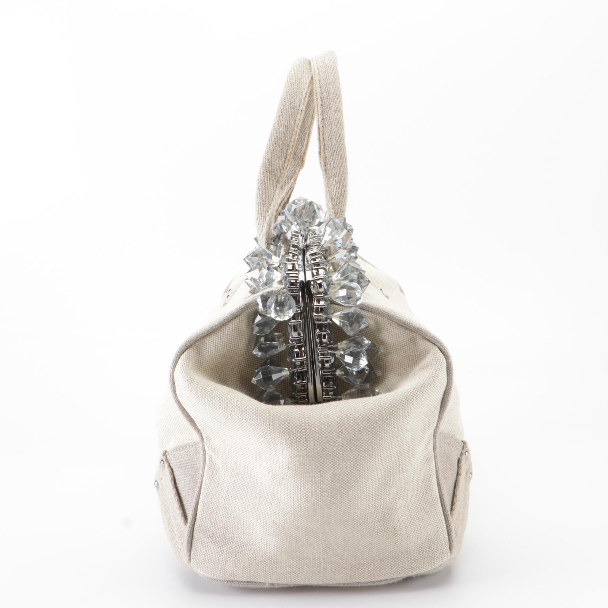 Prada Medium Mistolino Hard Frame Tote Bag in Crystal-Embellished Linen Canvas