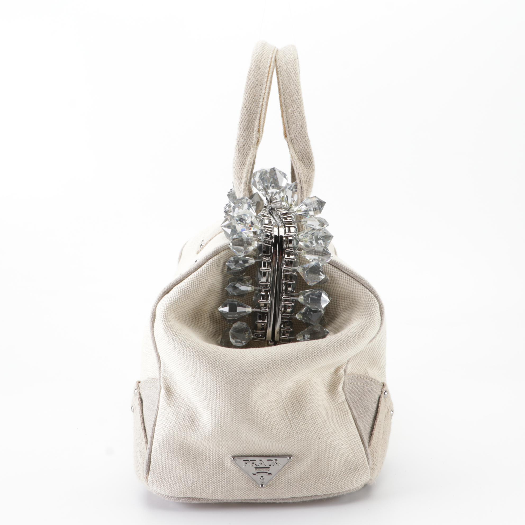 Prada Medium Mistolino Hard Frame Tote Bag in Crystal-Embellished Linen Canvas