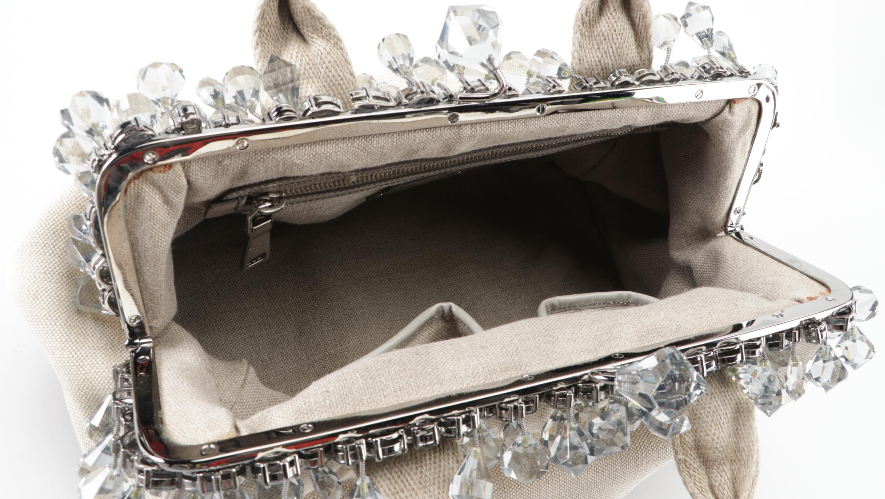 Prada Medium Mistolino Hard Frame Tote Bag in Crystal-Embellished Linen Canvas