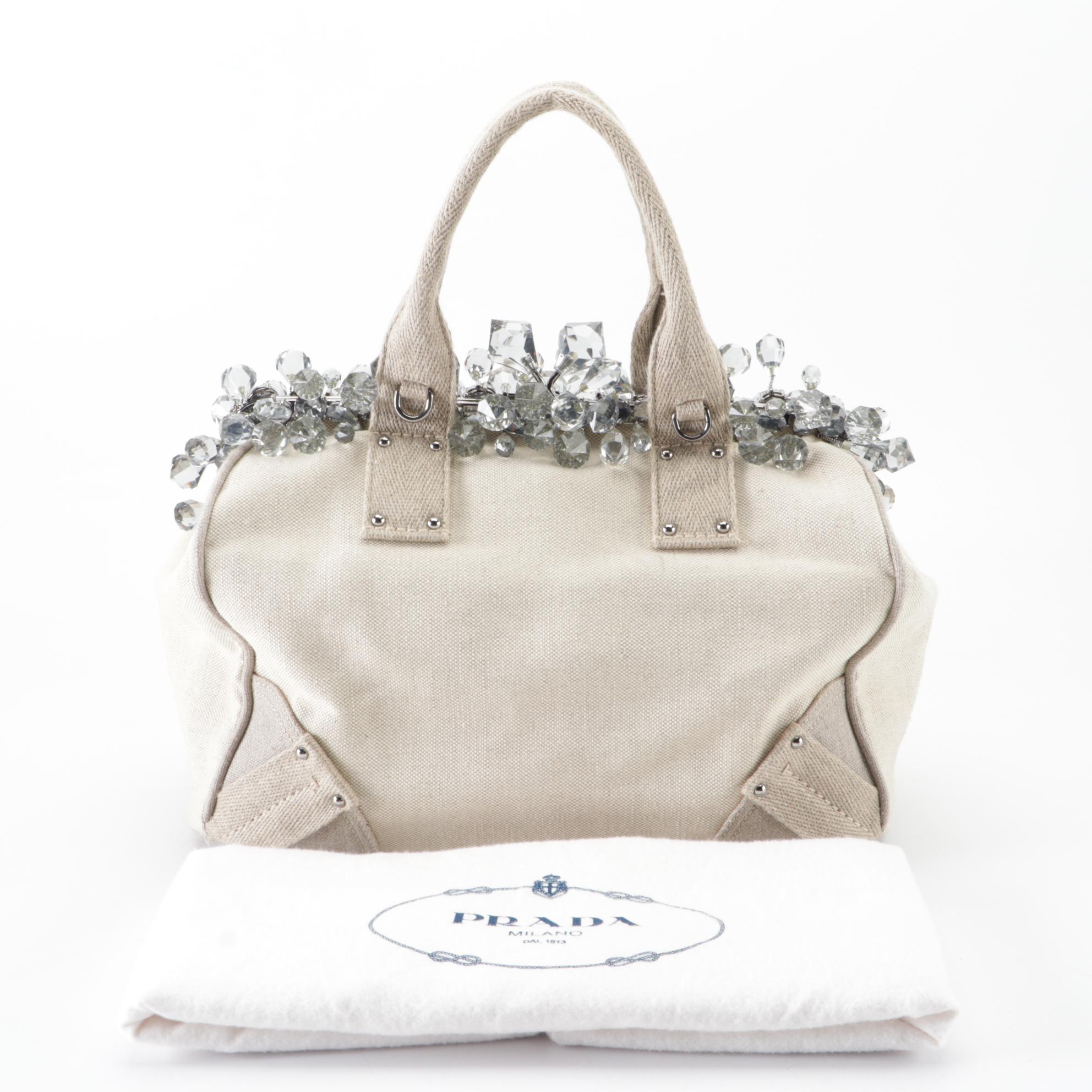 Prada Medium Mistolino Hard Frame Tote Bag in Crystal-Embellished Linen Canvas