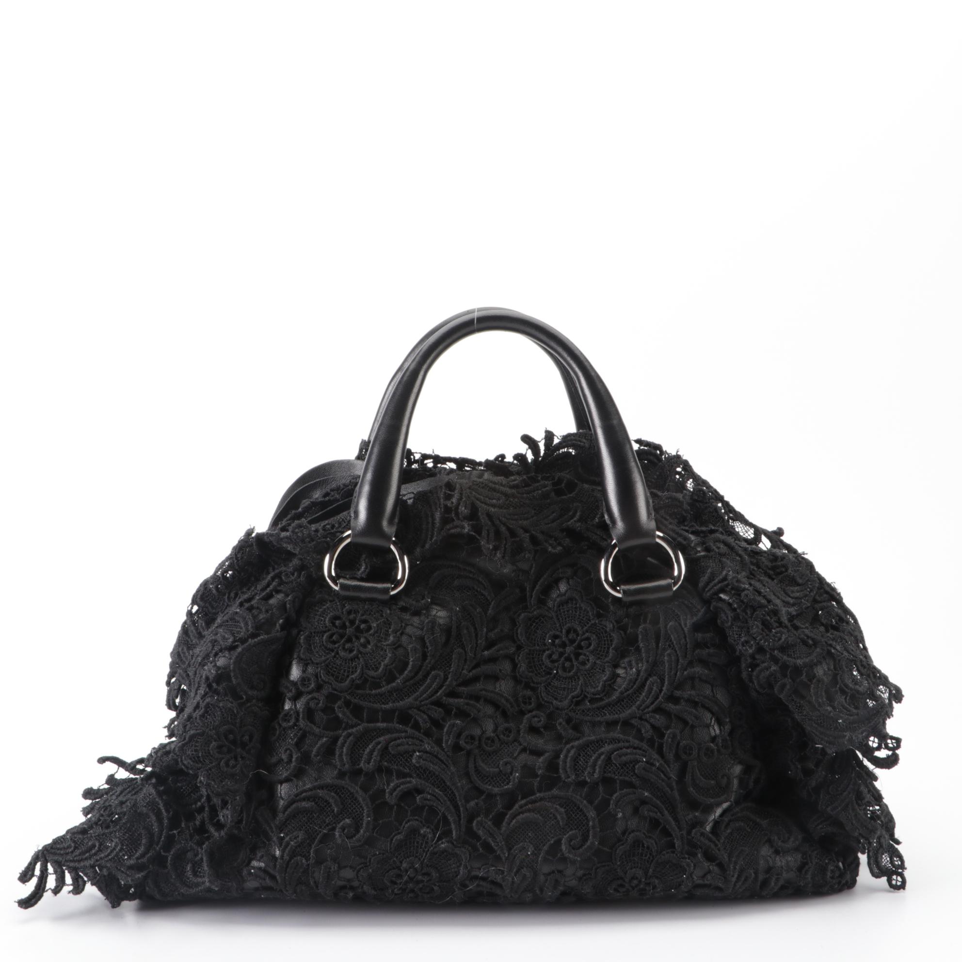 Prada Medium Pizzo Bowler Bag in Lace-Embellished Black Lambskin Leather