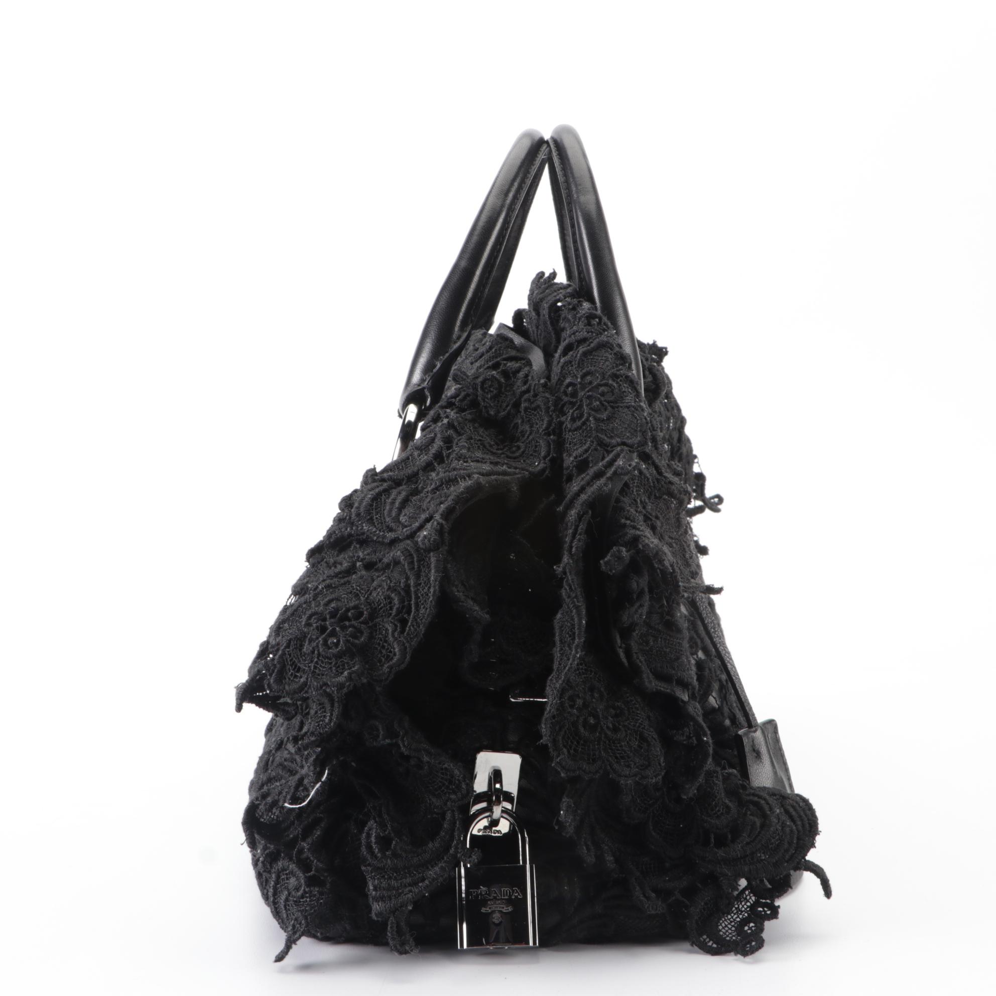Prada Medium Pizzo Bowler Bag in Lace-Embellished Black Lambskin Leather