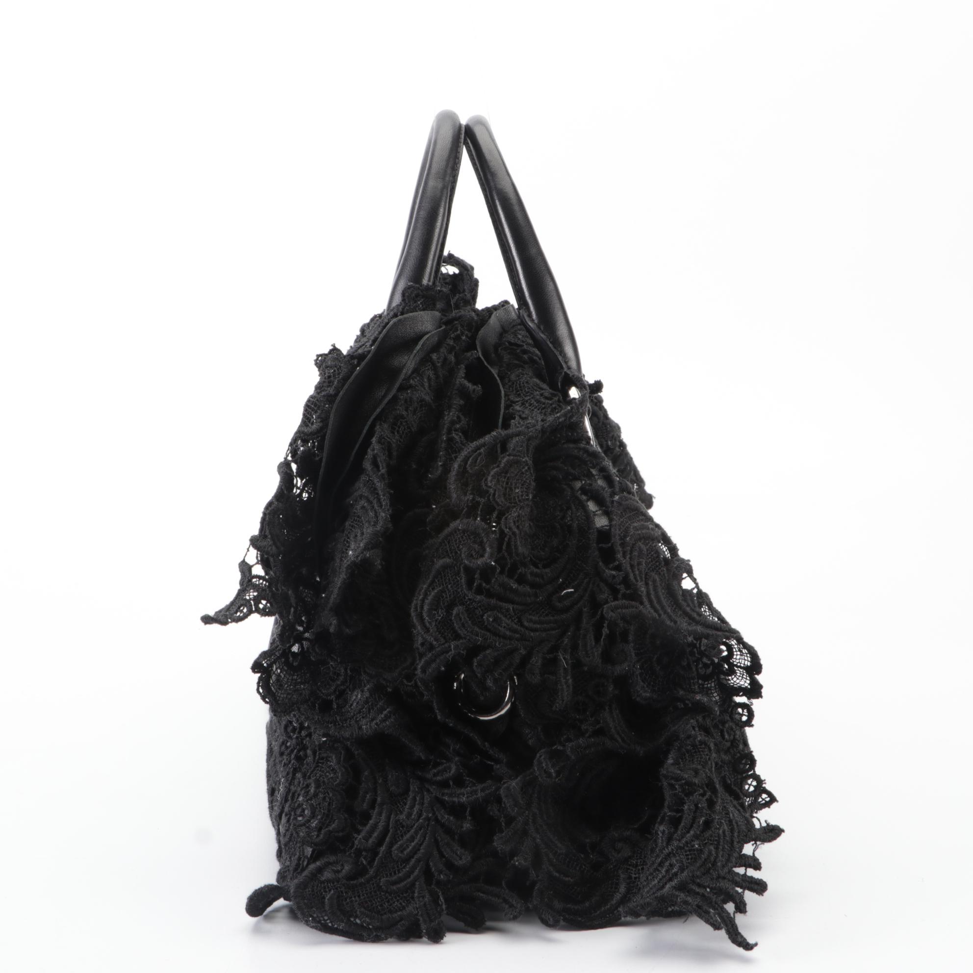 Prada Medium Pizzo Bowler Bag in Lace-Embellished Black Lambskin Leather