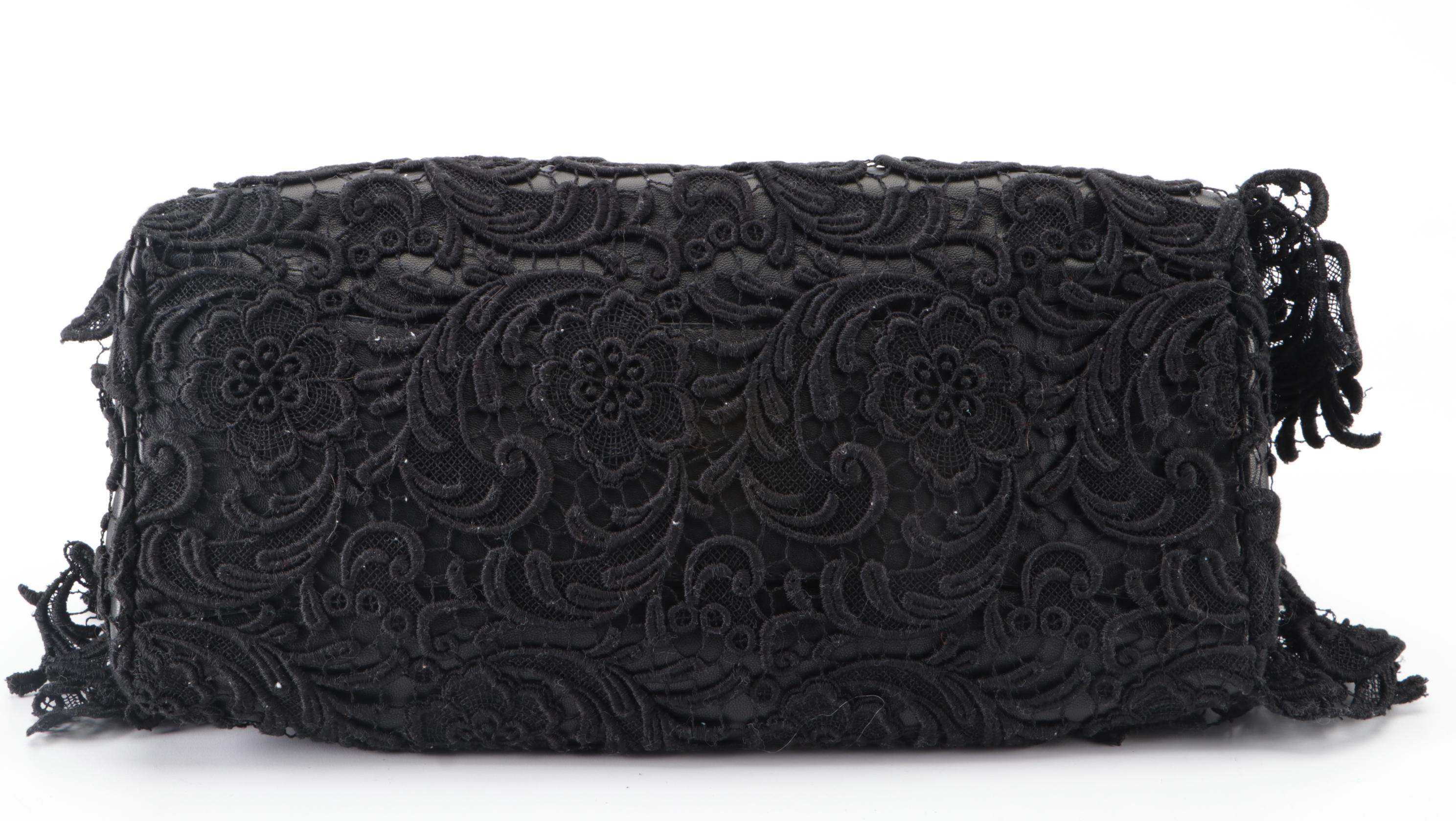 Prada Medium Pizzo Bowler Bag in Lace-Embellished Black Lambskin Leather