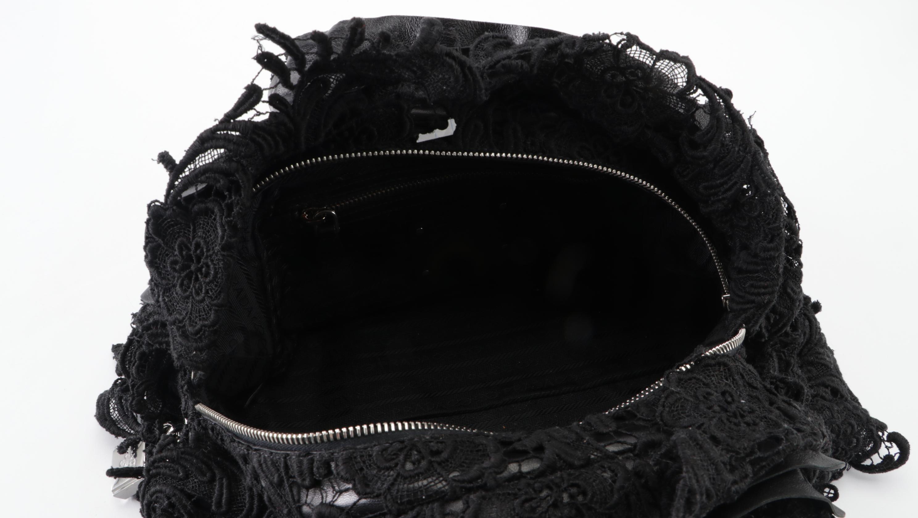 Prada Medium Pizzo Bowler Bag in Lace-Embellished Black Lambskin Leather