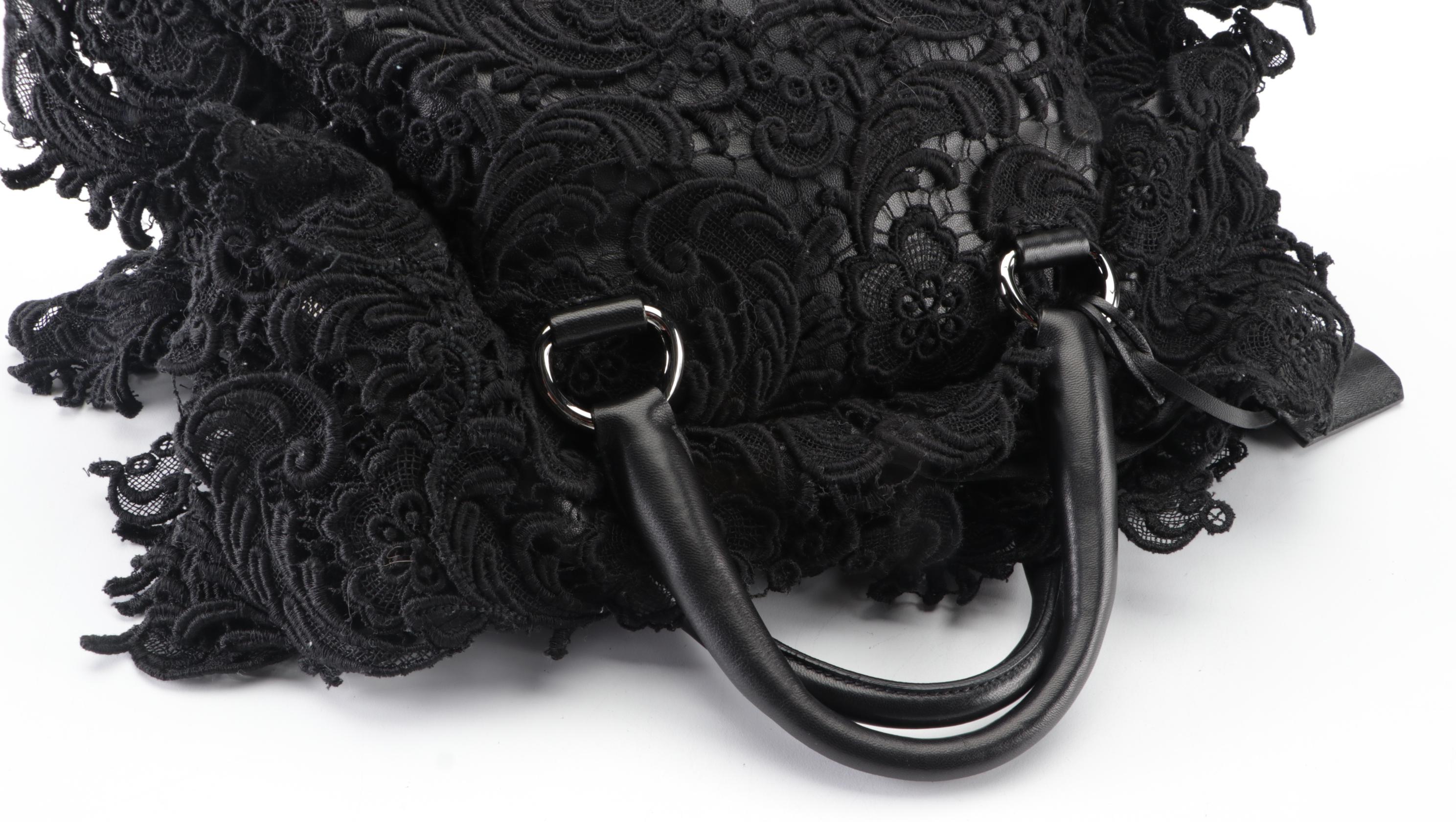 Prada Medium Pizzo Bowler Bag in Lace-Embellished Black Lambskin Leather