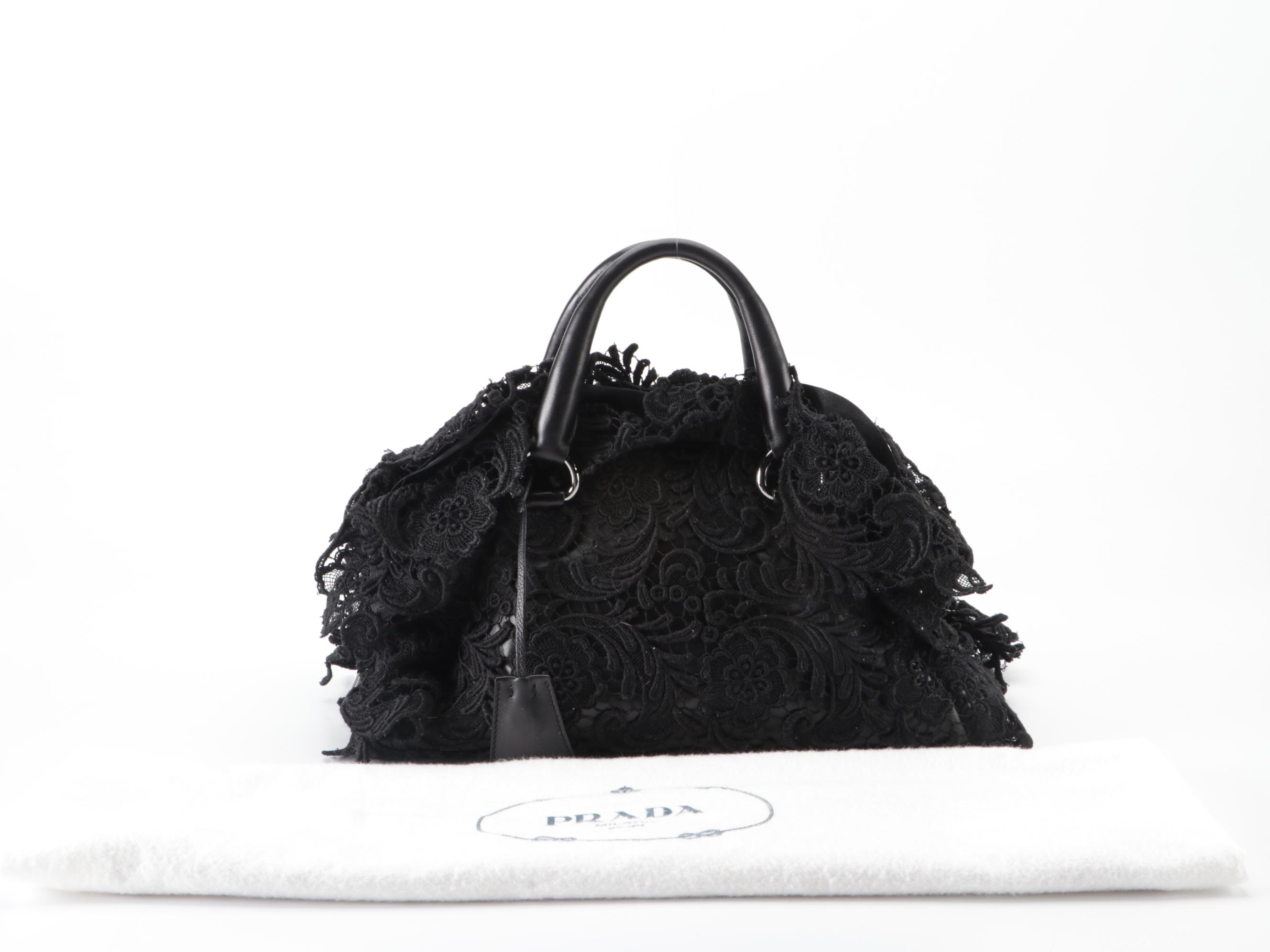 Prada Medium Pizzo Bowler Bag in Lace-Embellished Black Lambskin Leather