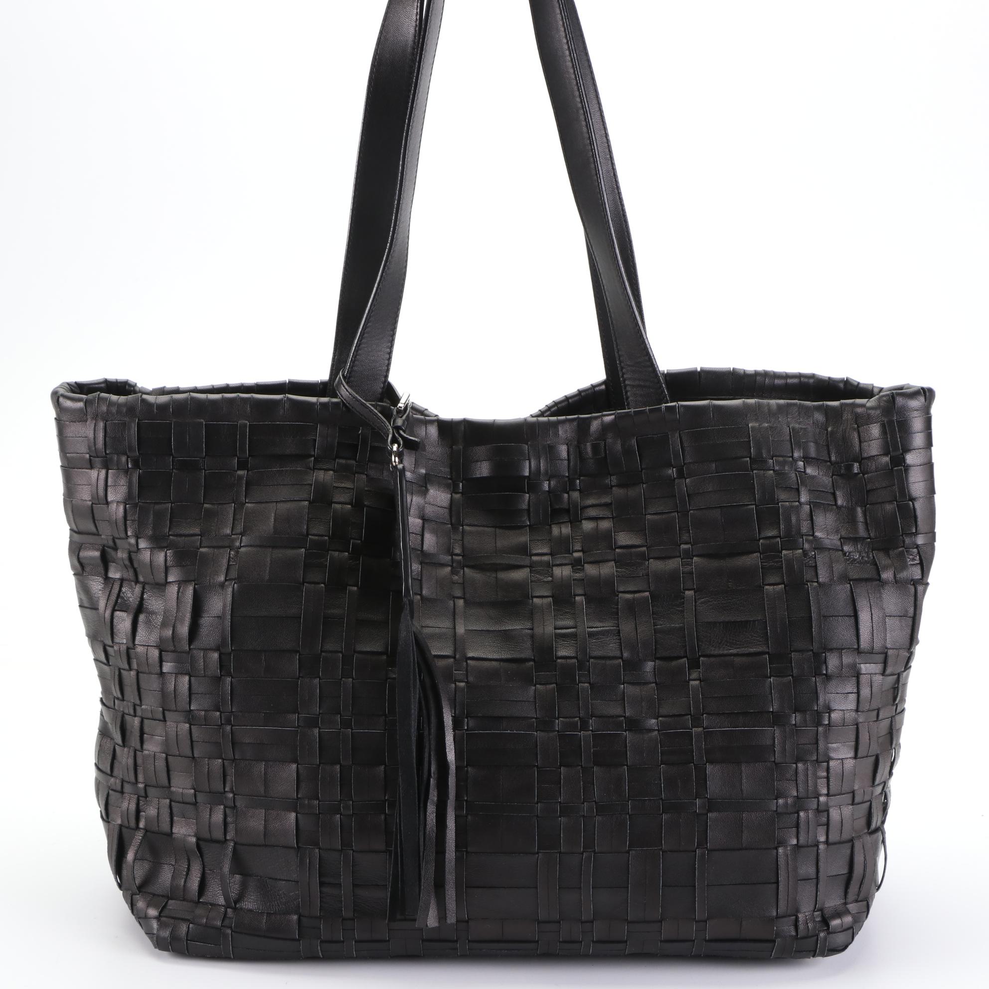 Prada Black Woven Leather Tote Bag