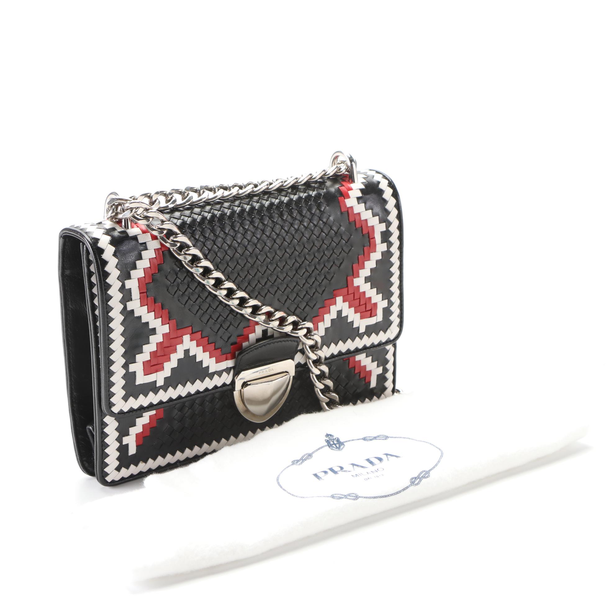 Prada Woven Leather Front Flap Shoulder Bag with Chain-Link Strap