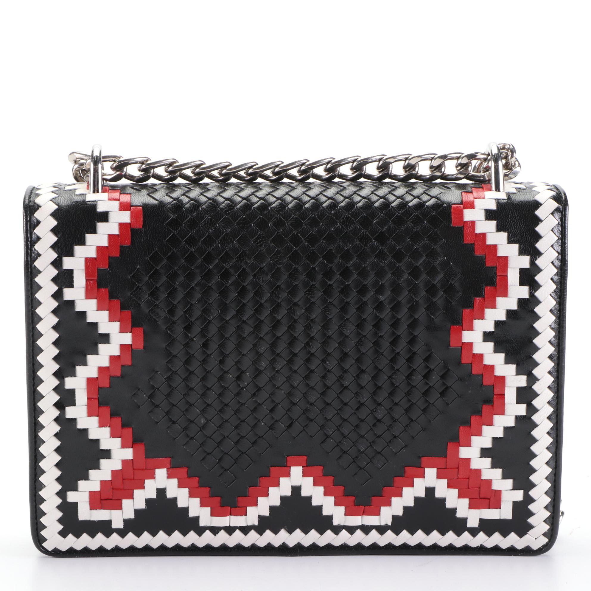 Prada Woven Leather Front Flap Shoulder Bag with Chain-Link Strap