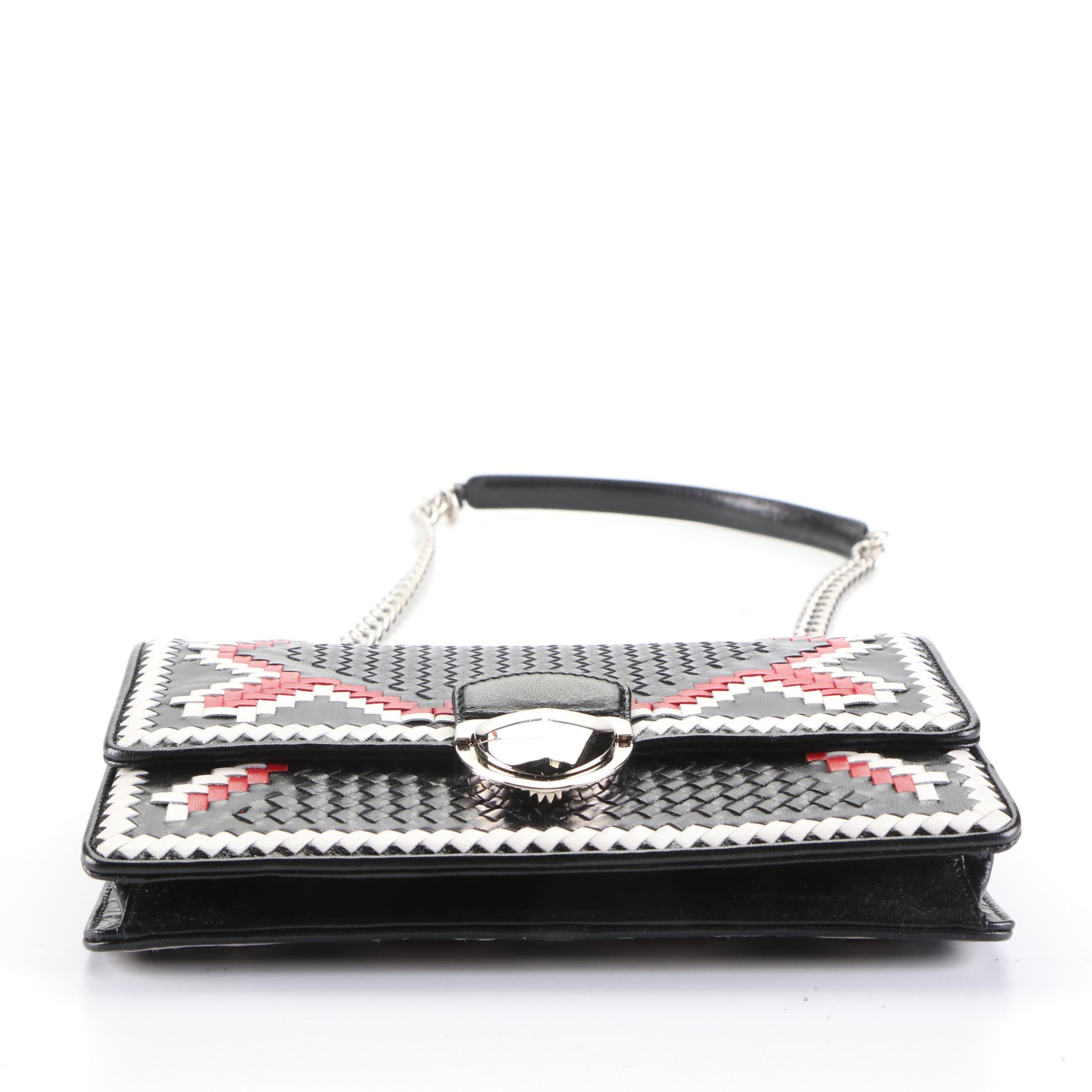 Prada Woven Leather Front Flap Shoulder Bag with Chain-Link Strap