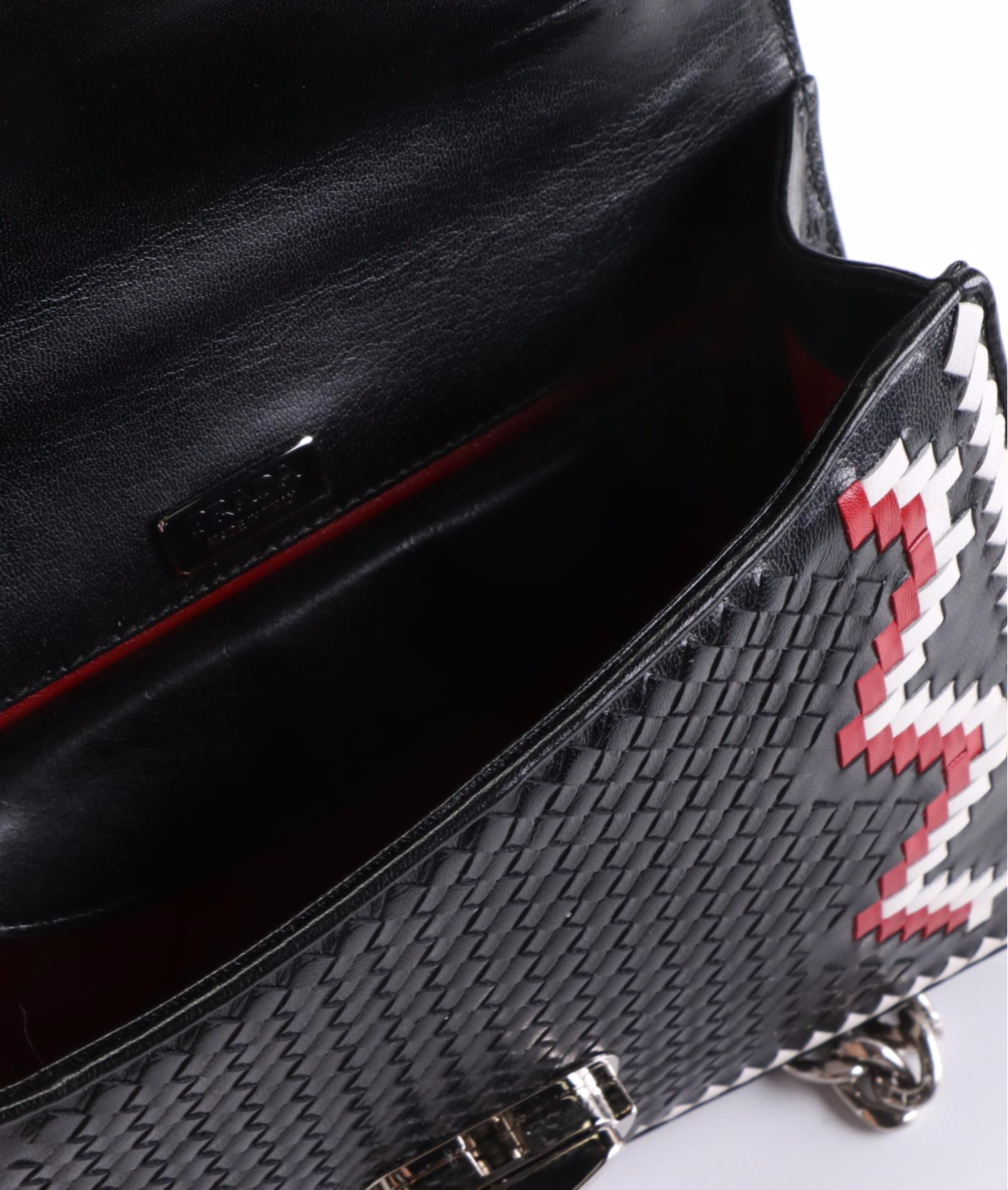 Prada Woven Leather Front Flap Shoulder Bag with Chain-Link Strap