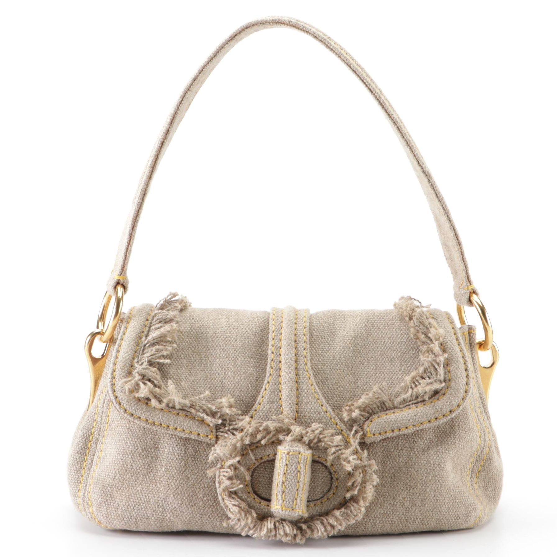 Prada Medium Flap Shoulder Bag in Fringed Linen Canvas