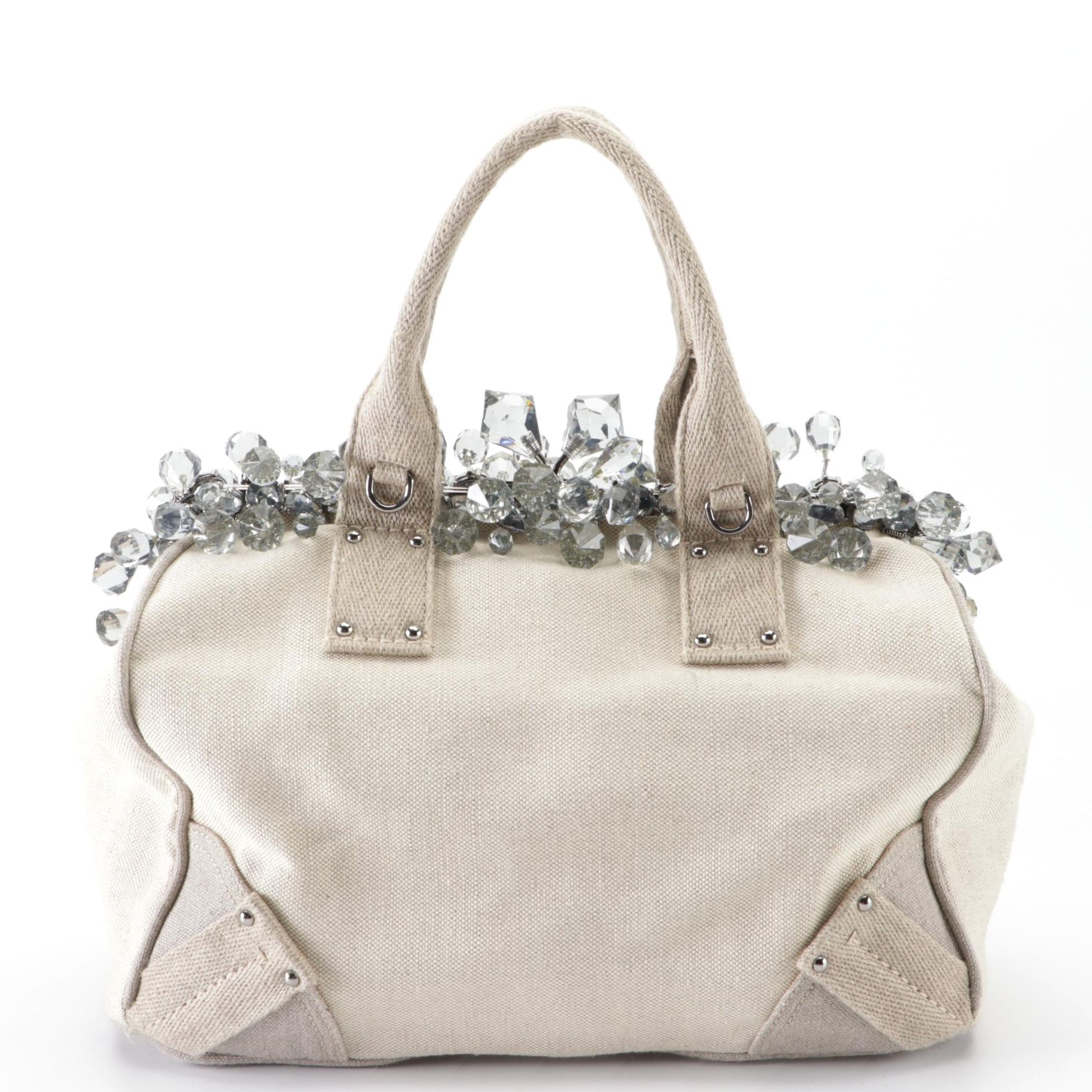 Prada Medium Mistolino Hard Frame Tote Bag in Crystal-Embellished Linen Canvas