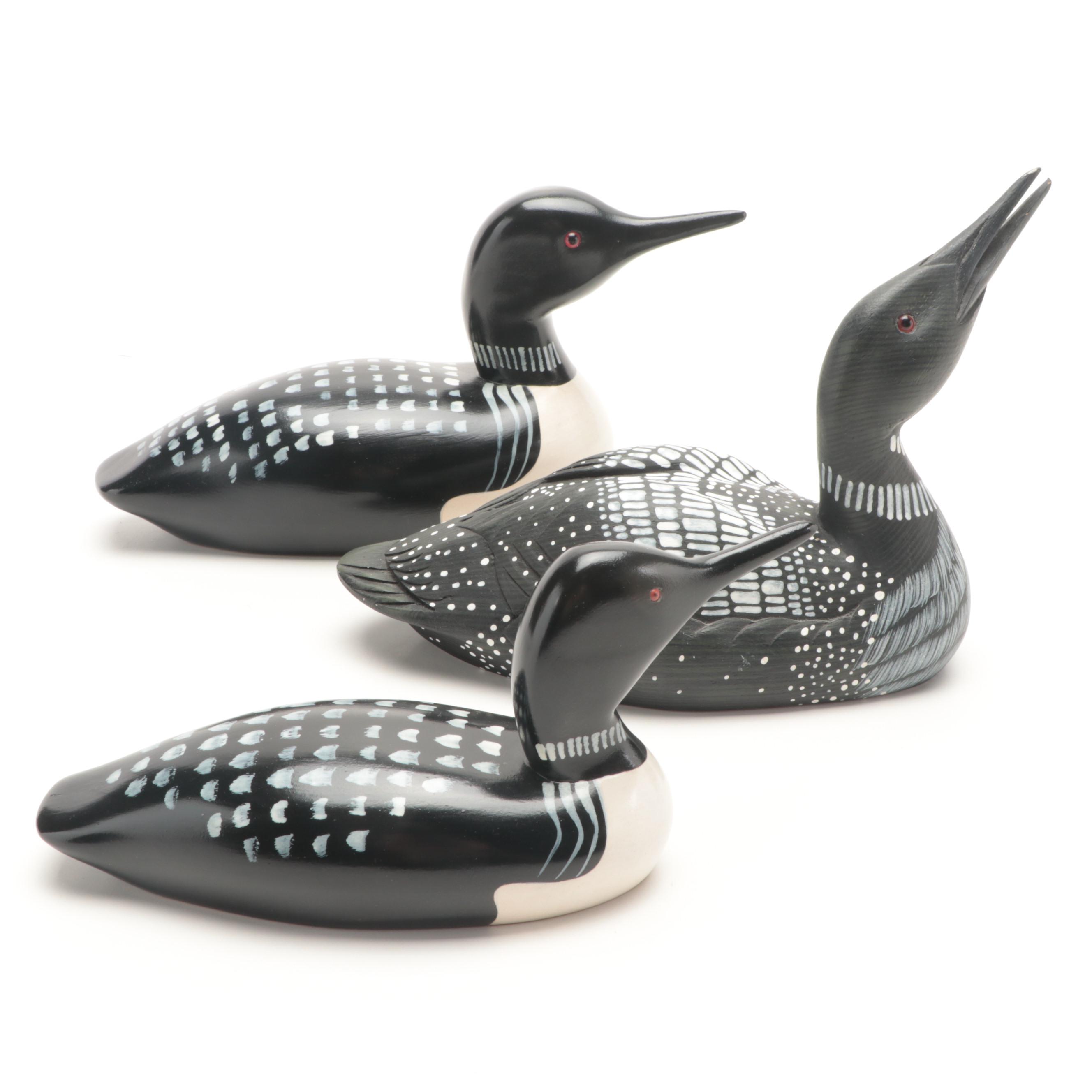 Artist Signed Hand-Painted Carved Wood Common Loon Decoy Figures, 1990s